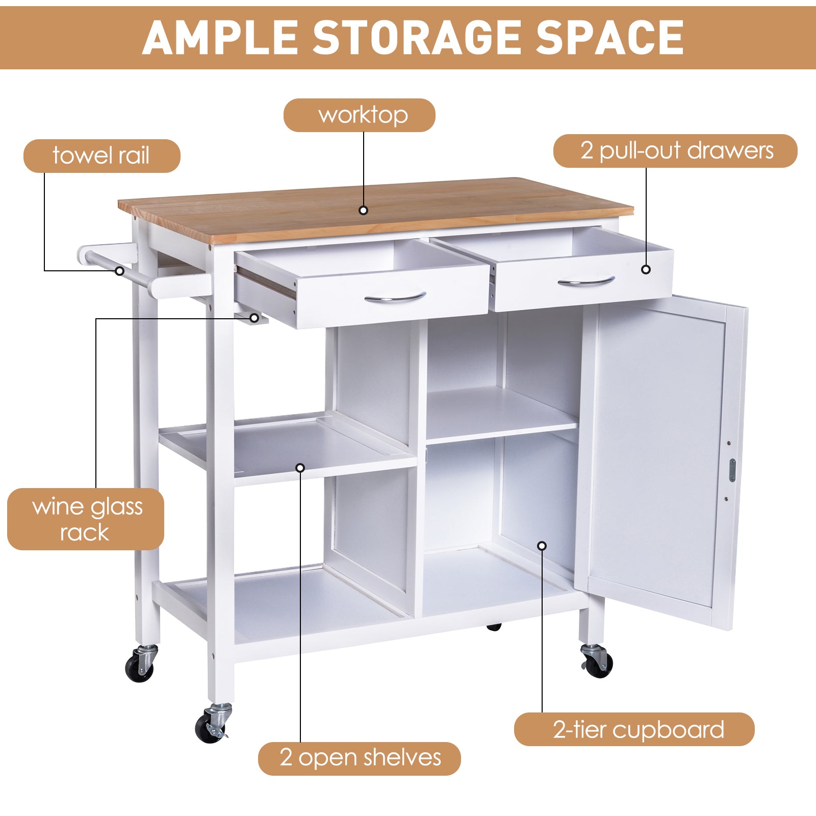 Kitchen Storage Trolley Cart Cupboard Rolling Wheels Shelves Cabinet Island W/ Drawers Towel Rail Wine Glass Rack Pine Wood Worktop White