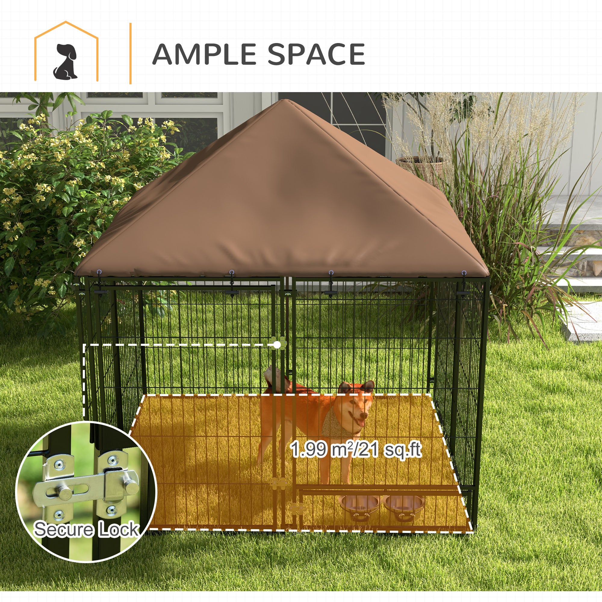 Outdoor Dog House Kennel with Water-resistant Roof Lockable Mesh Metal Cage Steel Fence, 141 x 141 x 121 cm