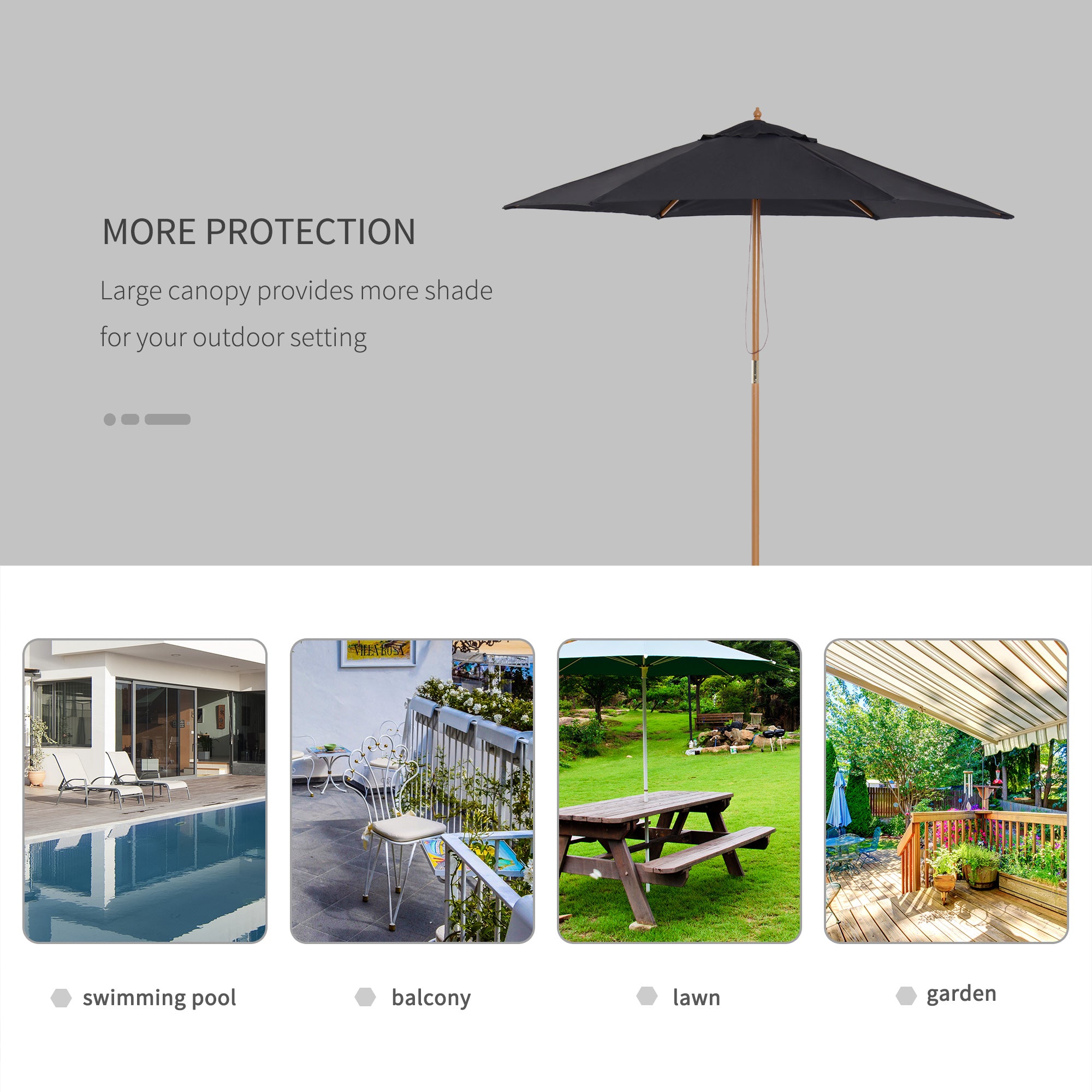 2.5m Wooden Garden Patio Parasol Umbrella-Black