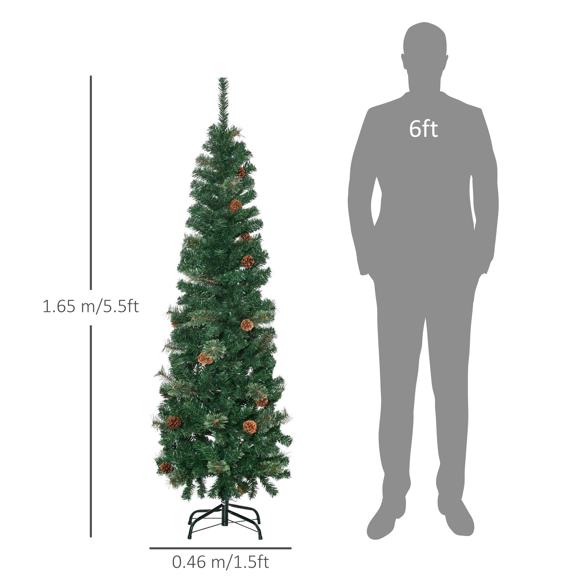 5.5' Tall Pencil Slim Artificial Christmas Tree with Realistic Branches, 412 Tip Count and 21 Pine Cones, Pine Needles Tree, Xmas Decoration