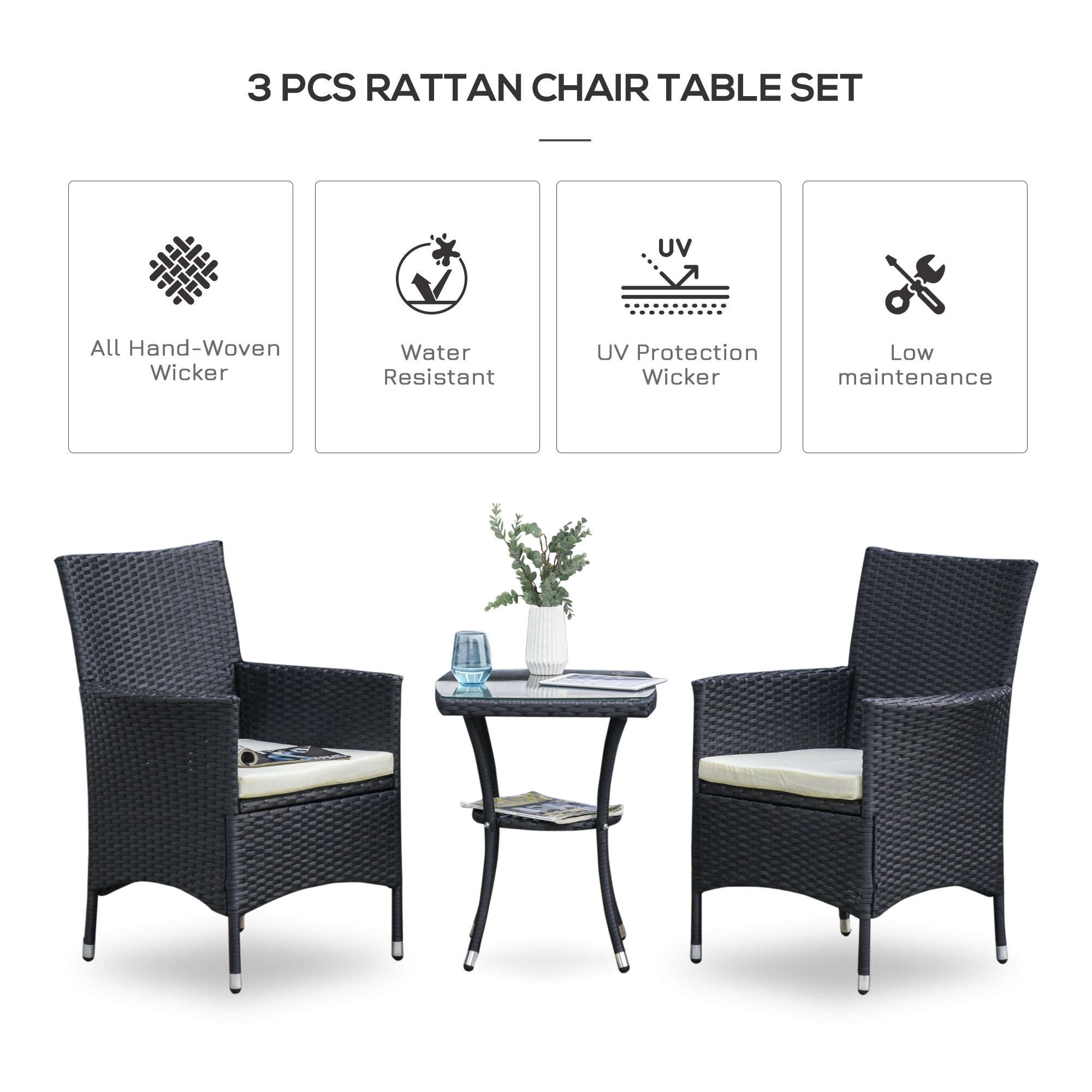 Garden Outdoor Rattan Furniture Bistro Set 3 PCs Patio Weave Companion Chair Table Set Conservatory (Black)