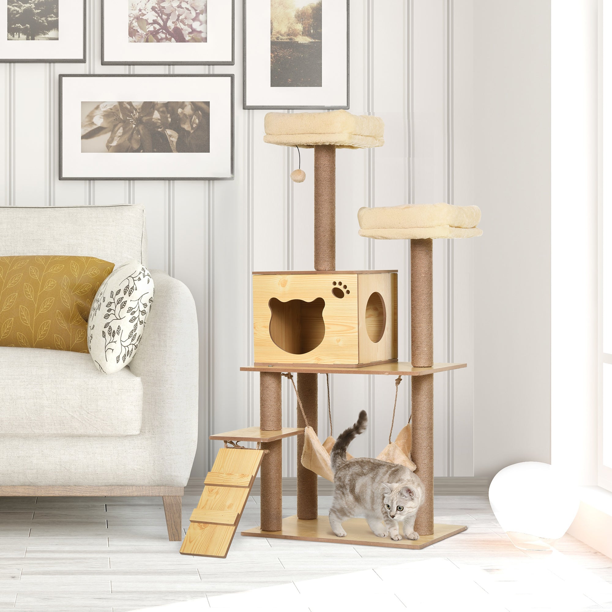 Cat Tree, 130cm Cat Tree for Indoor, Multi-Level Plush Cat Climbing Tower w/ Scratching Posts, Perches, Cat Condo, Ball for Large Cat, Yellow