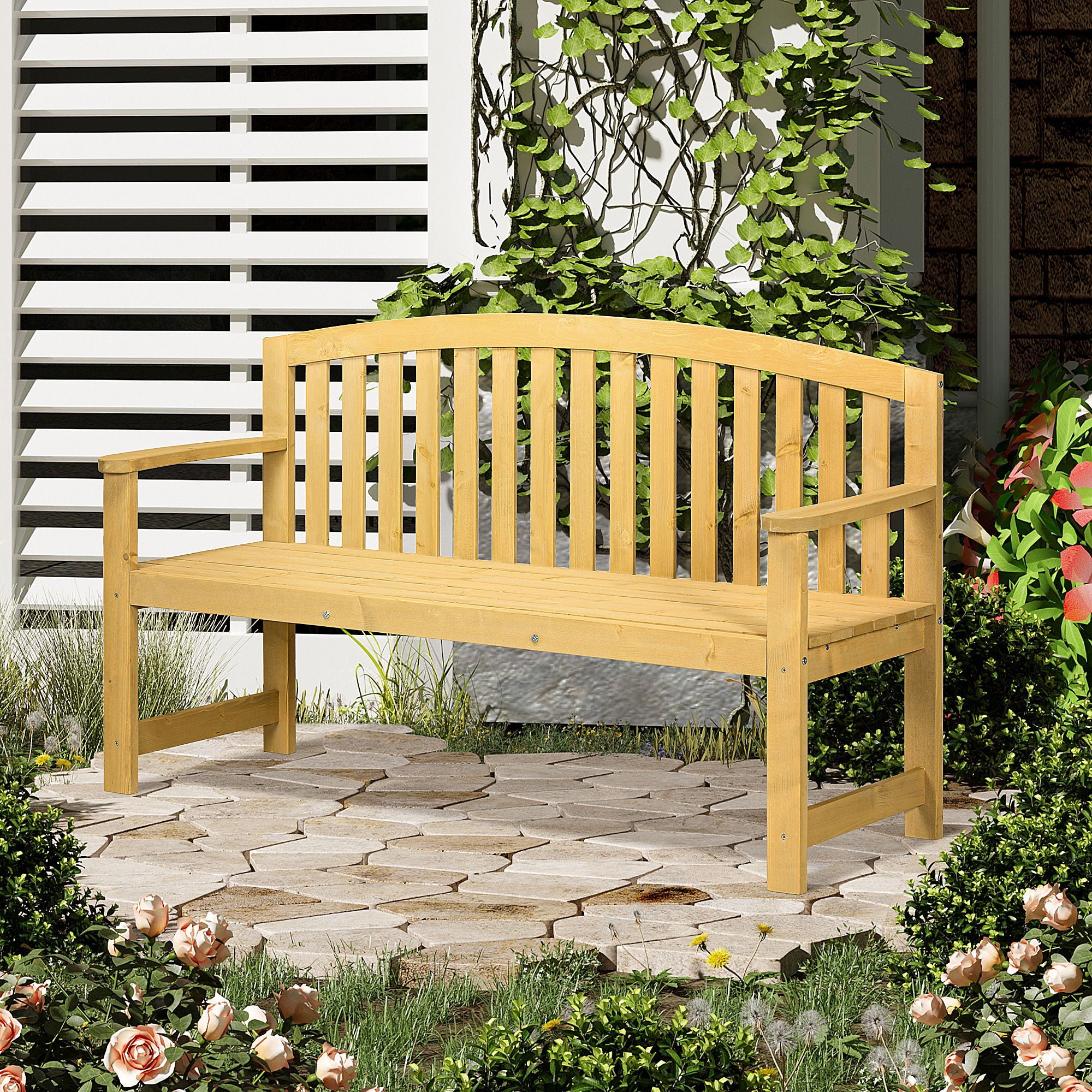 2 Seater Wooden Garden Bench with Armrest, Outdoor Furniture Chair for Park, Balcony, Orange