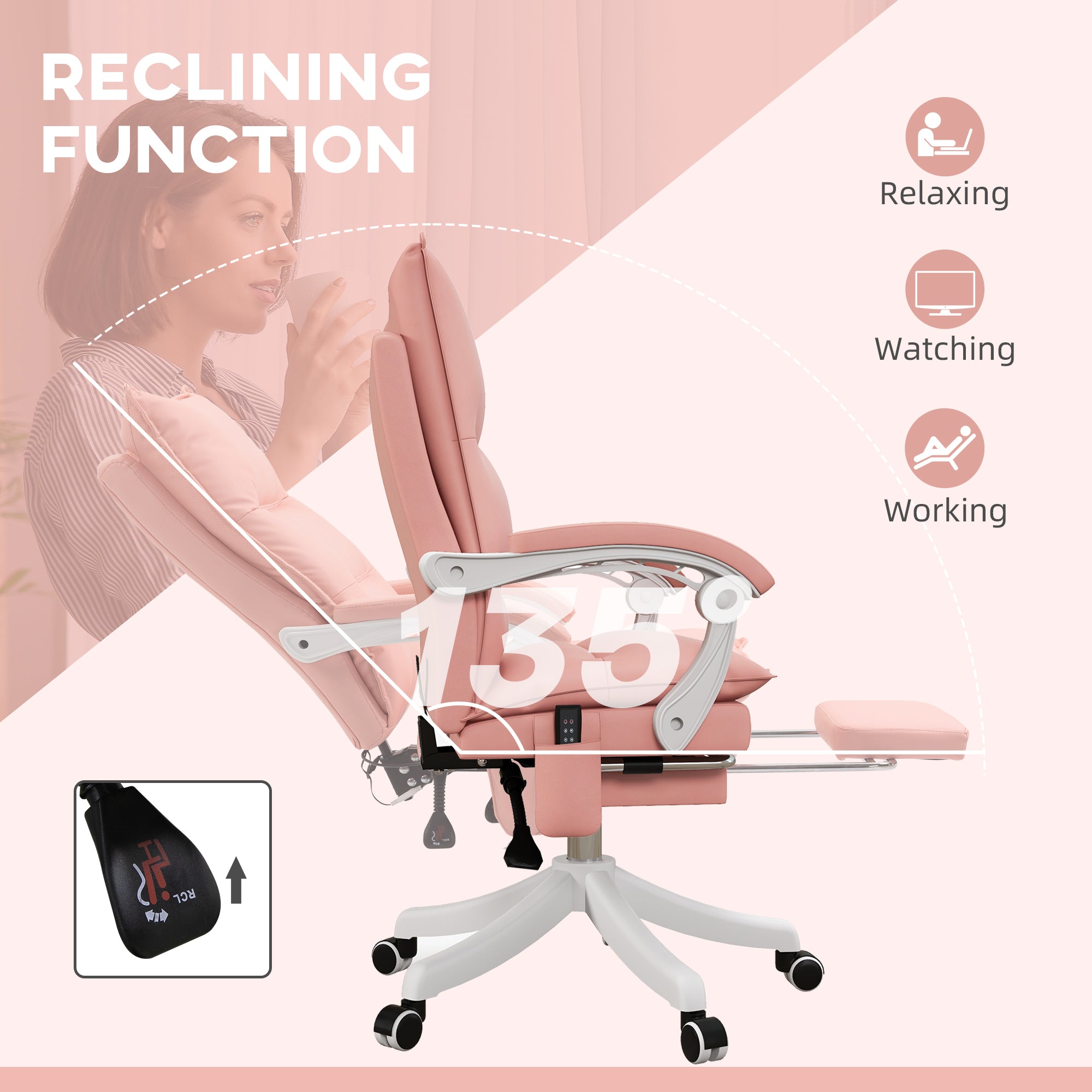 Vibration Massage Office Chair with Heat, Faux Leather Computer Chair with Footrest, Armrest, Reclining Back, Double-tier Padding, Pink