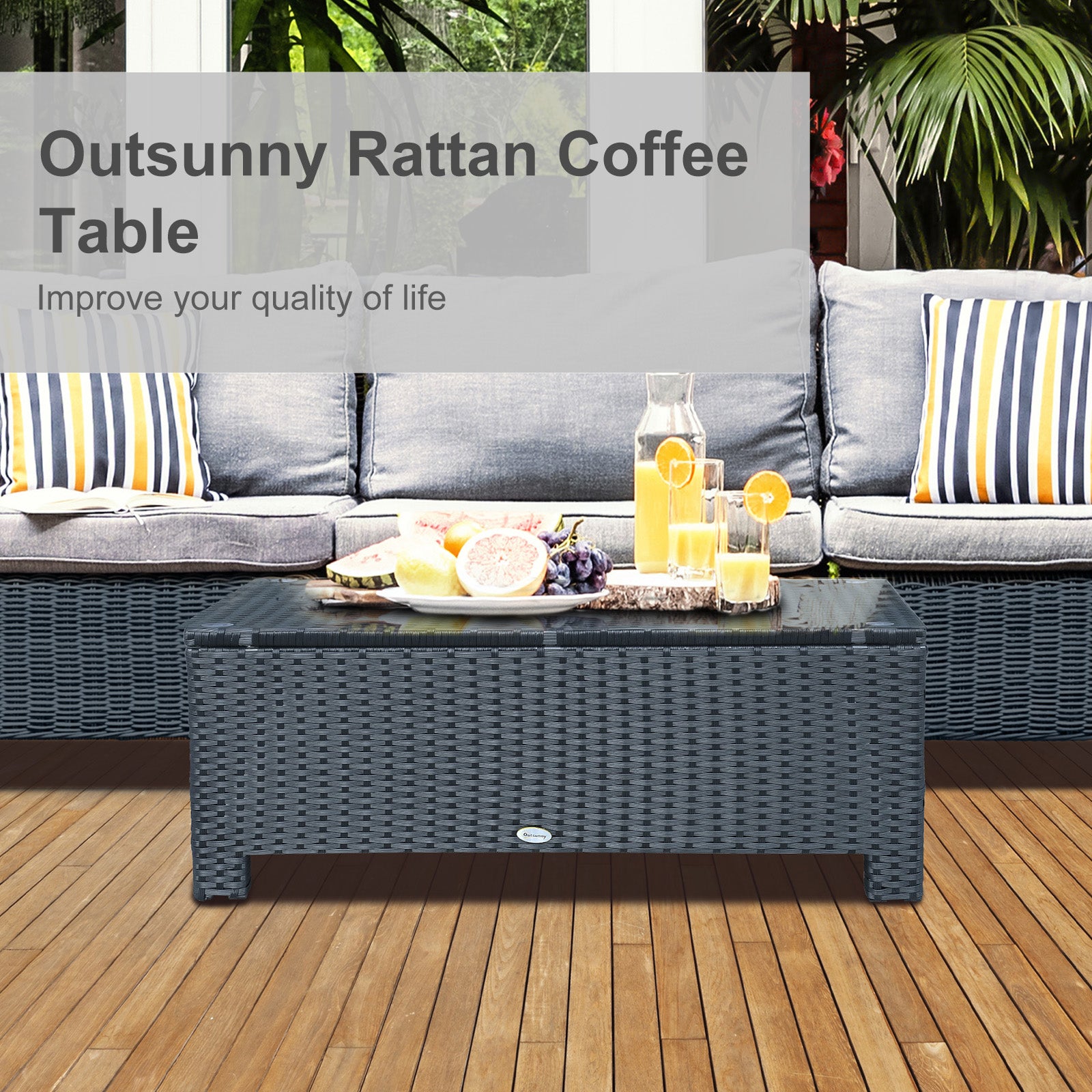 Rattan Garden Furniture Coffee Table Patio Iron Frame Tempered Glass (Black)