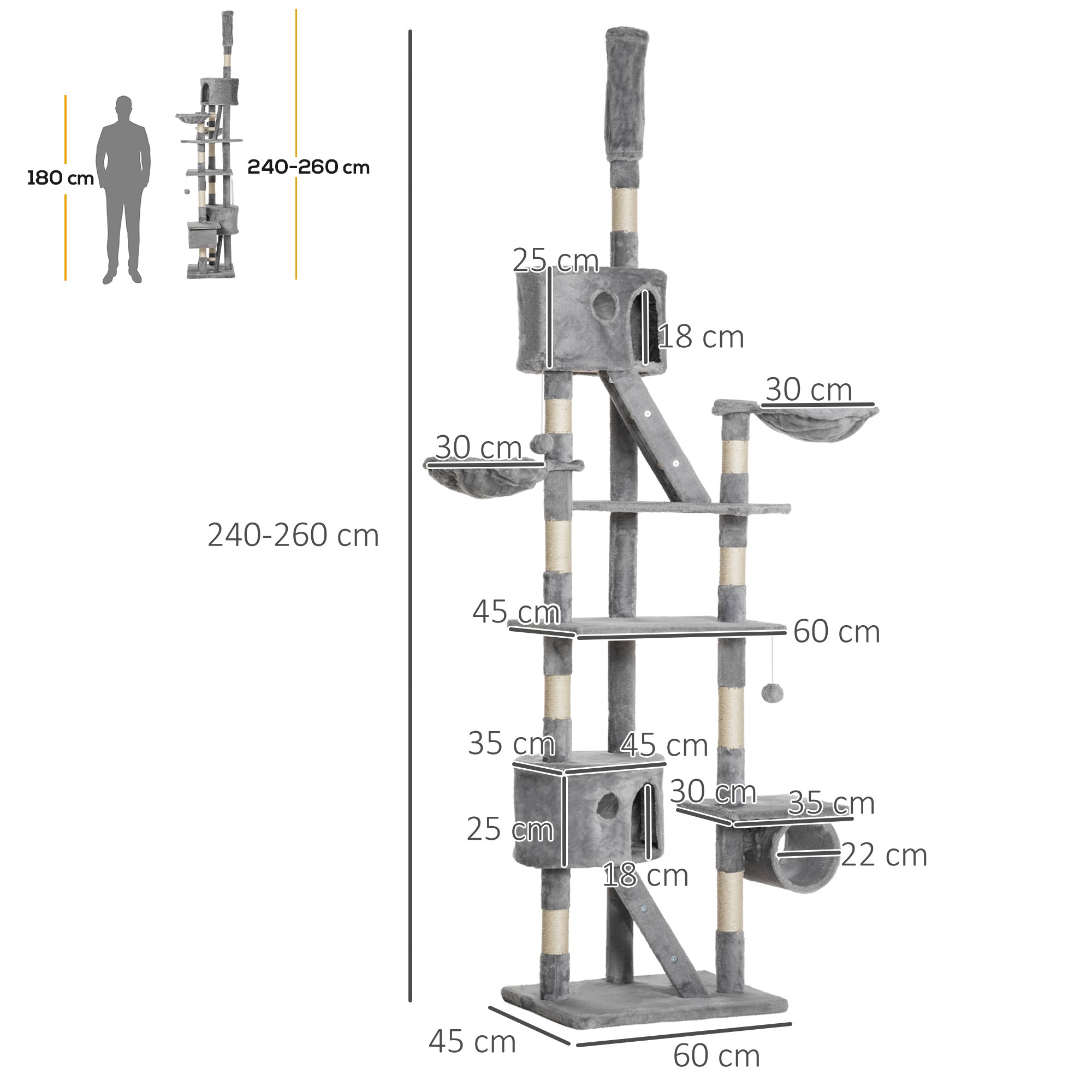 Floor to Ceiling Cat Tree for Indoor Cats 240-260cm Adjustable Height Light Grey