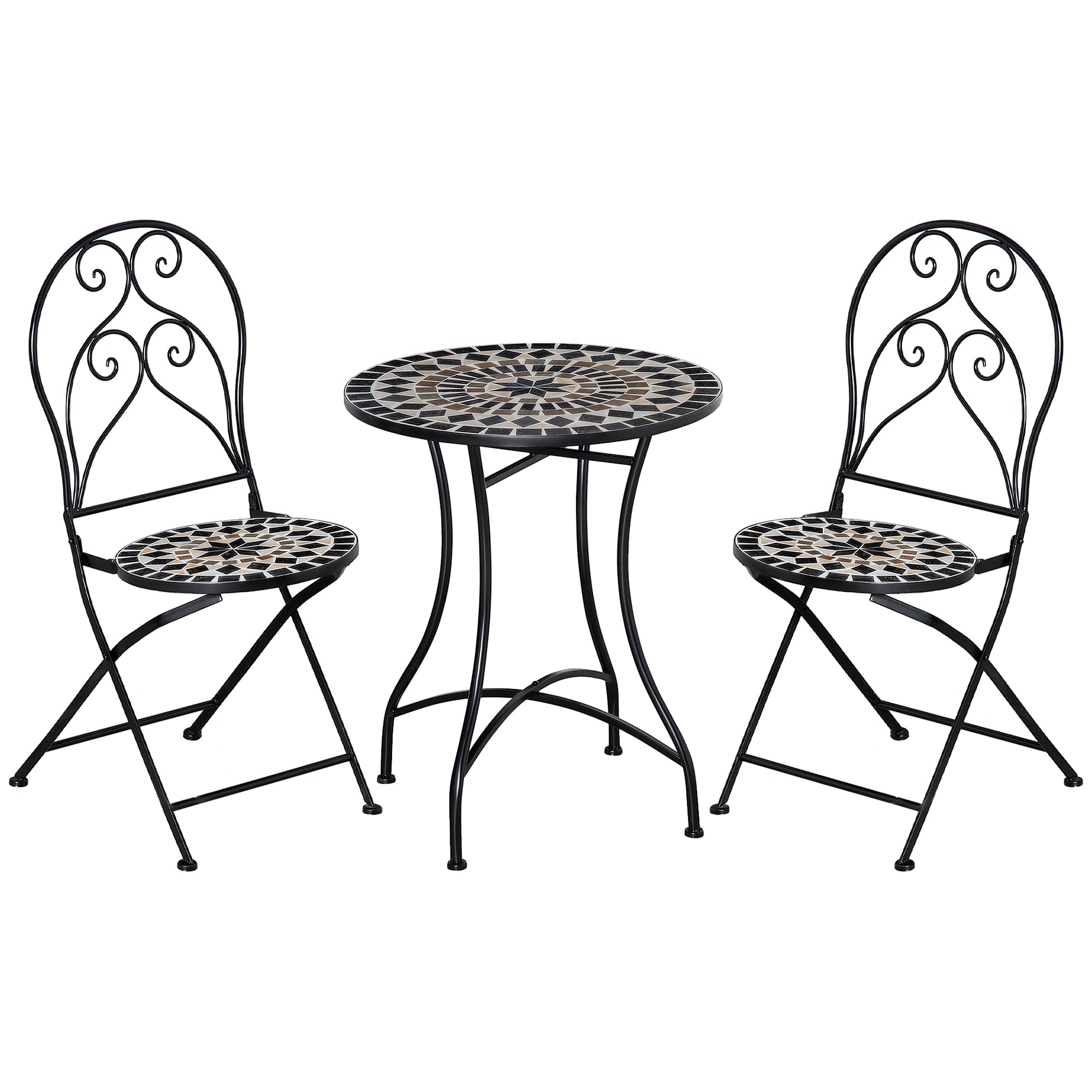 3 Piece Garden Outdoor Bistro Set with Coffee Table and 2 Folding Chairs, Mosaic Tile Top and Seats, Metal Frame, for Patio Balcony