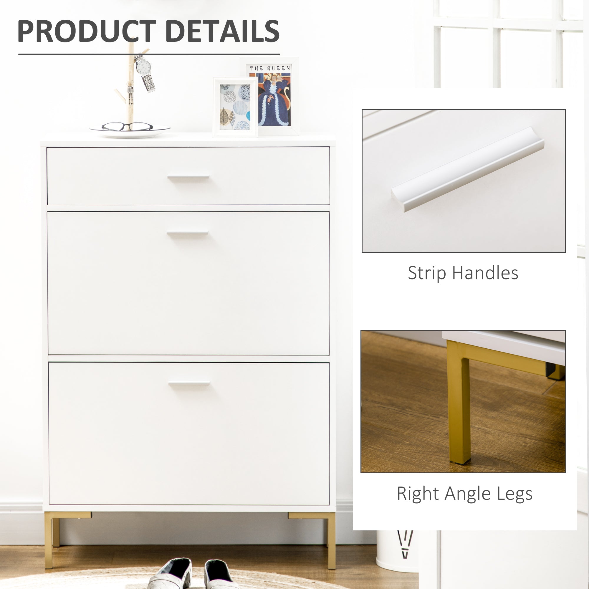 Modern Shoe Cabinet with 2 Flip Doors, Drawer & Adjustable Shelf for 12 Pairs of Shoes - White