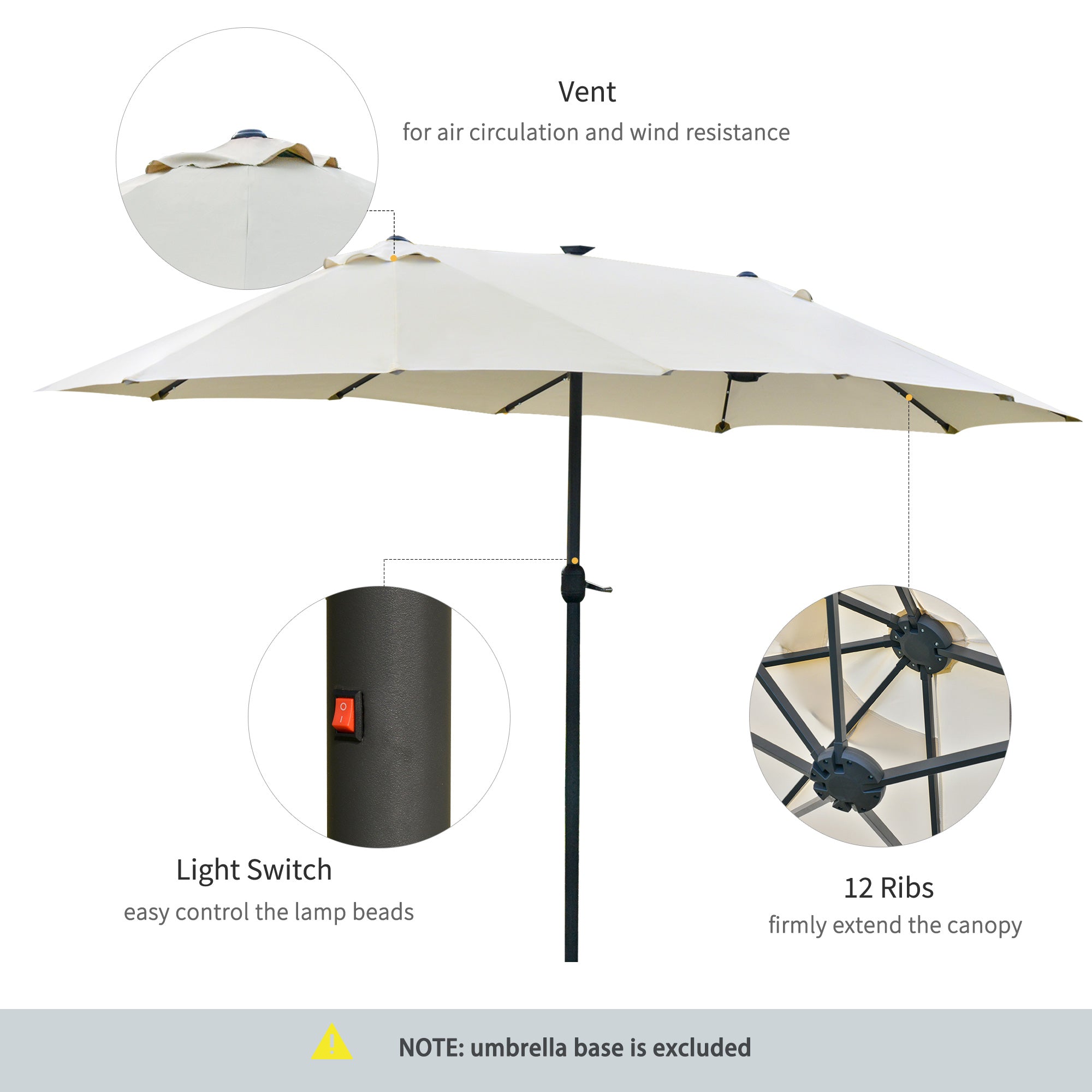 4.4m Double-Sided Garden Parasol with LED Solar Lights - Cream White