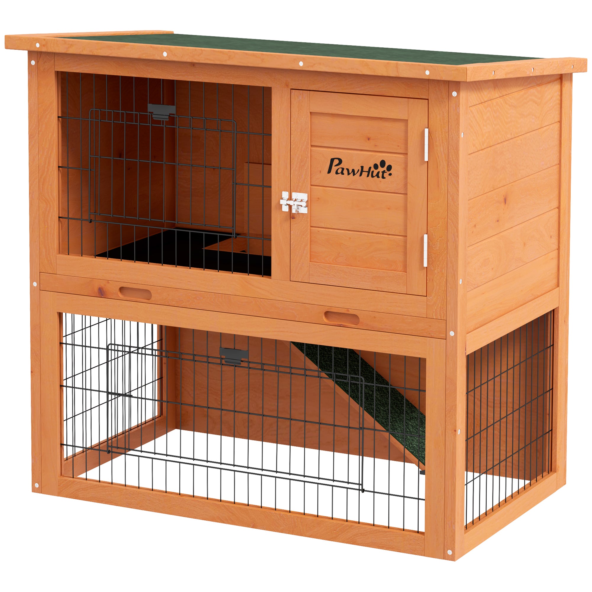 Two-Tier Antiseptic Wood Rabbit Hutch, 80cm Guinea Pig Hutch with Run - Orange