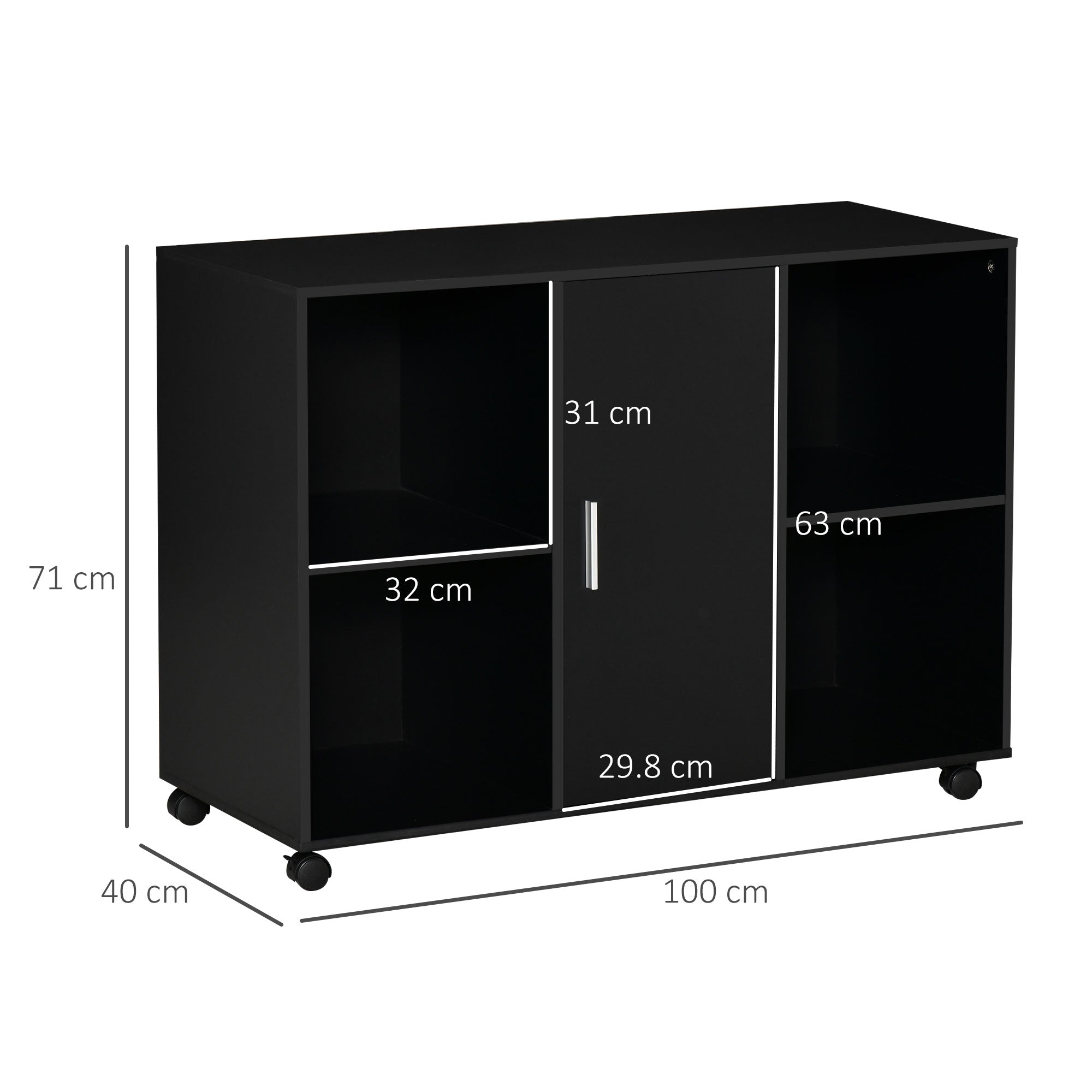 Mobile Office File Cabinet, Lateral Stationery Storage Cabinet, Printer Stand Unit with Wheels, Open Compartment and Cupboard, Black