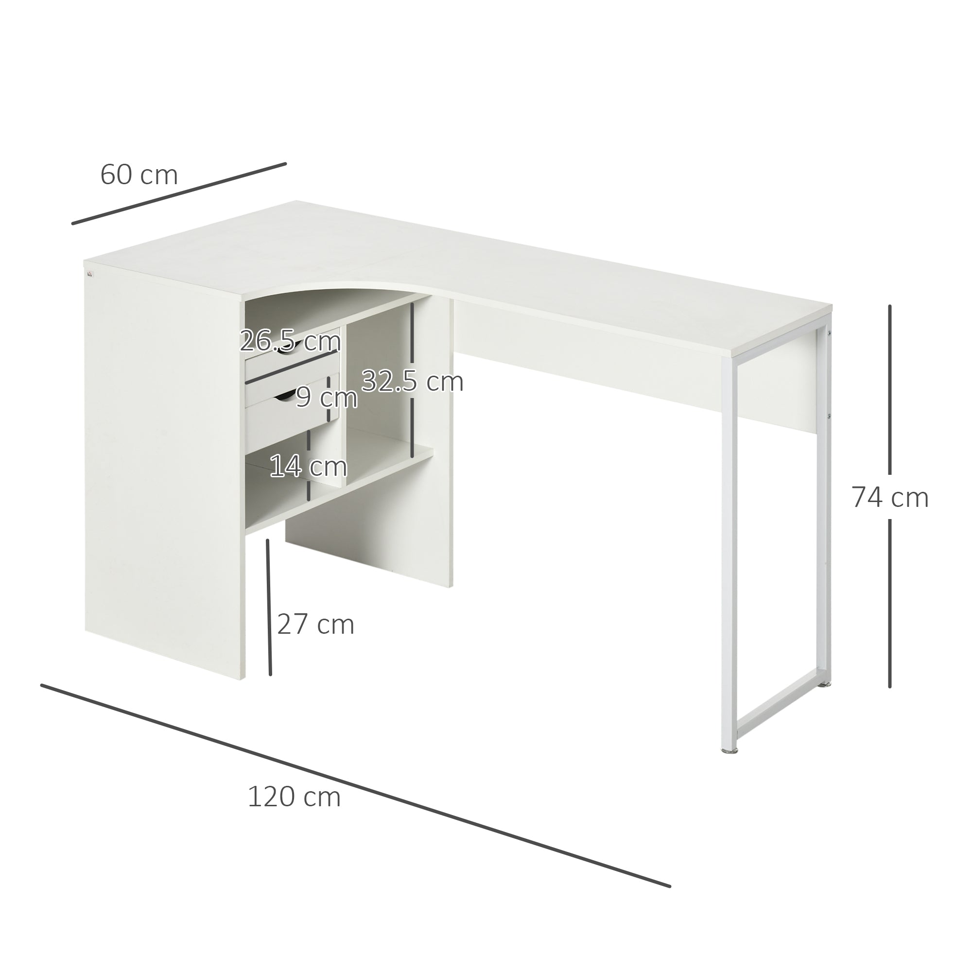 L-Shaped Corner Computer Desk Study Table PC Work w/ Storage Shelf Drawer Smooth Slide Office Home Workstation Space Saving - White