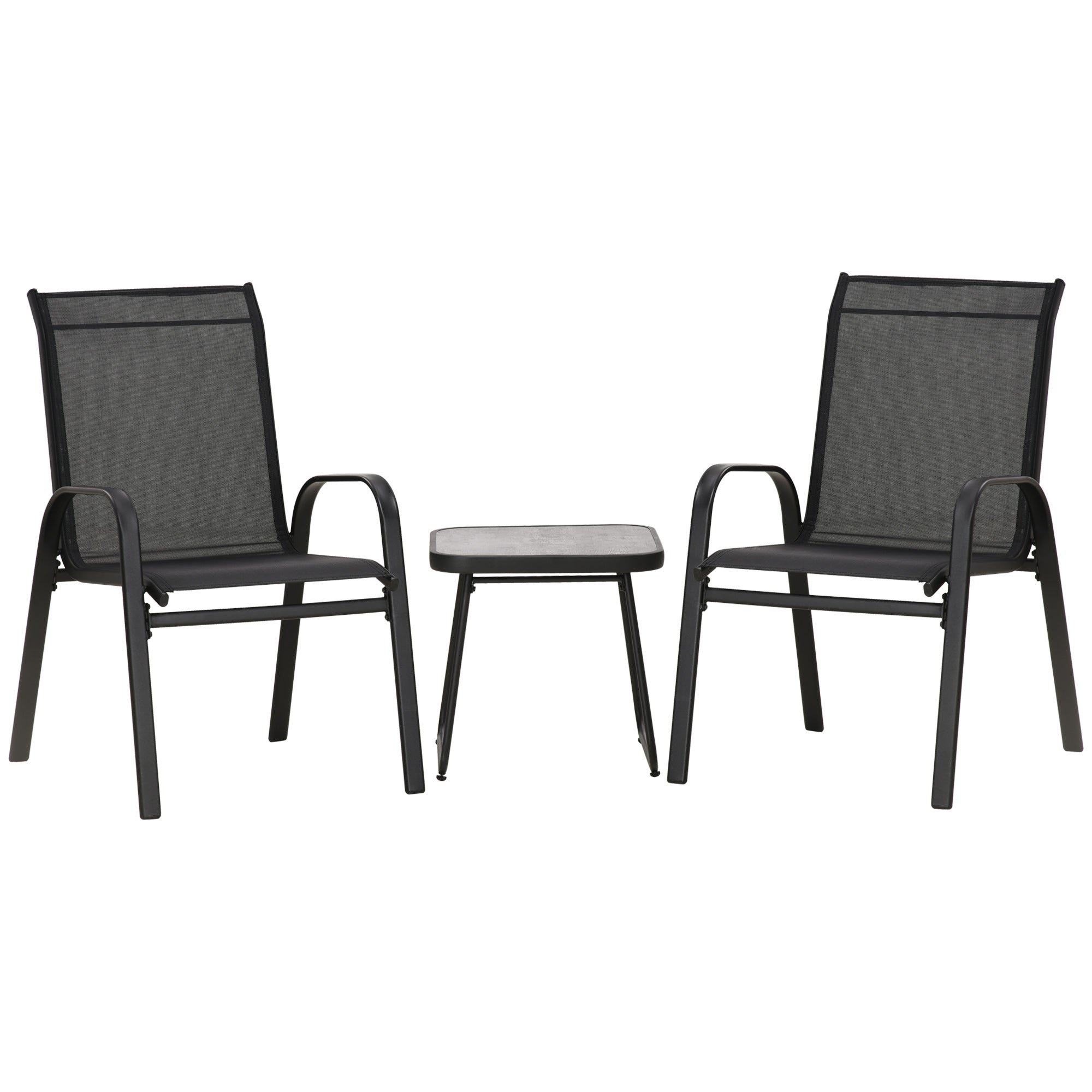 3 Pieces Outdoot Bistro Set, Patio Stackable Armchairs with Breathable Mesh Fabric and PSC Board Coffee Table, Black