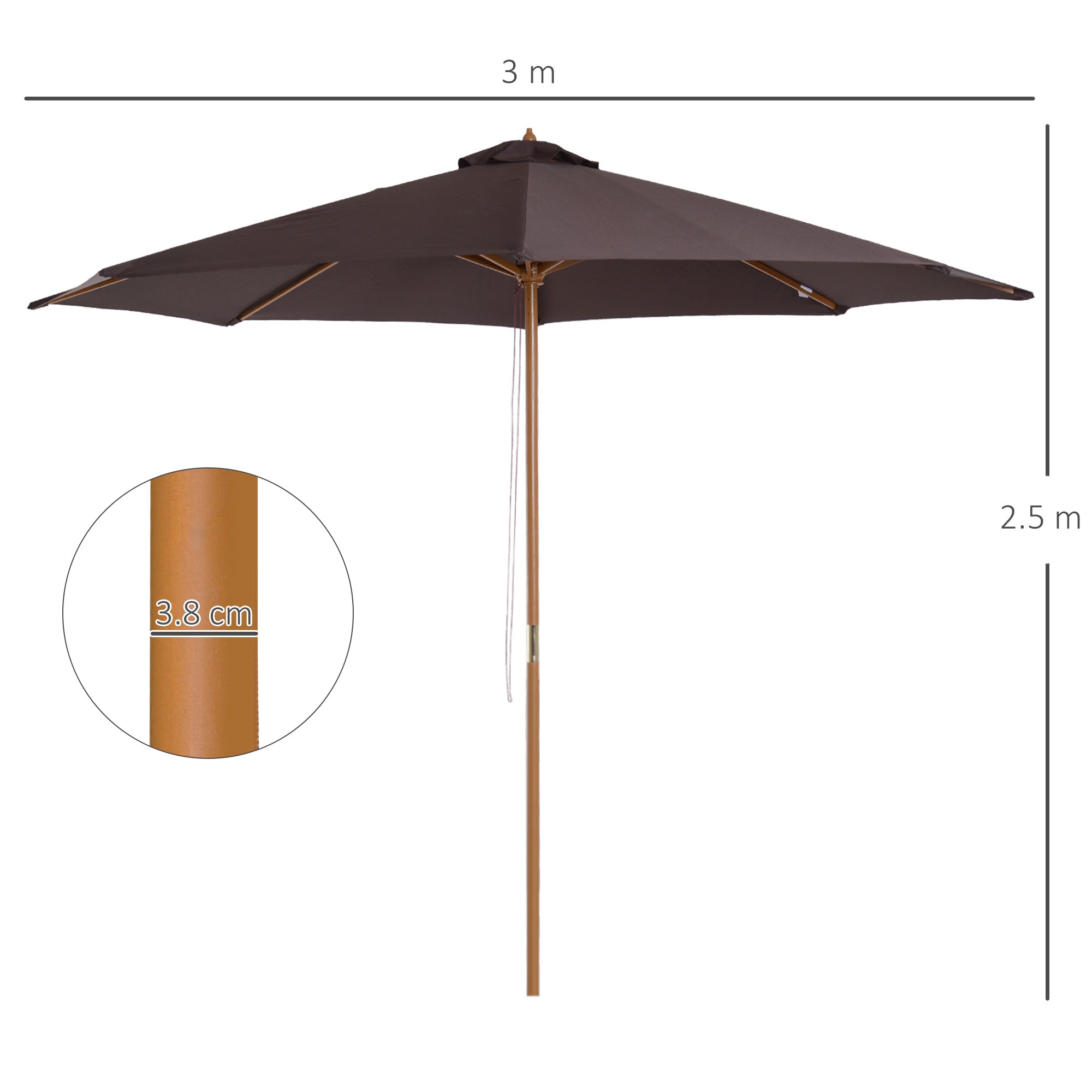 ⌀3m Bamboo Wooden Market Patio Umbrella Garden Parasol Outdoor Sunshade Canopy, 8-ribs,Coffee