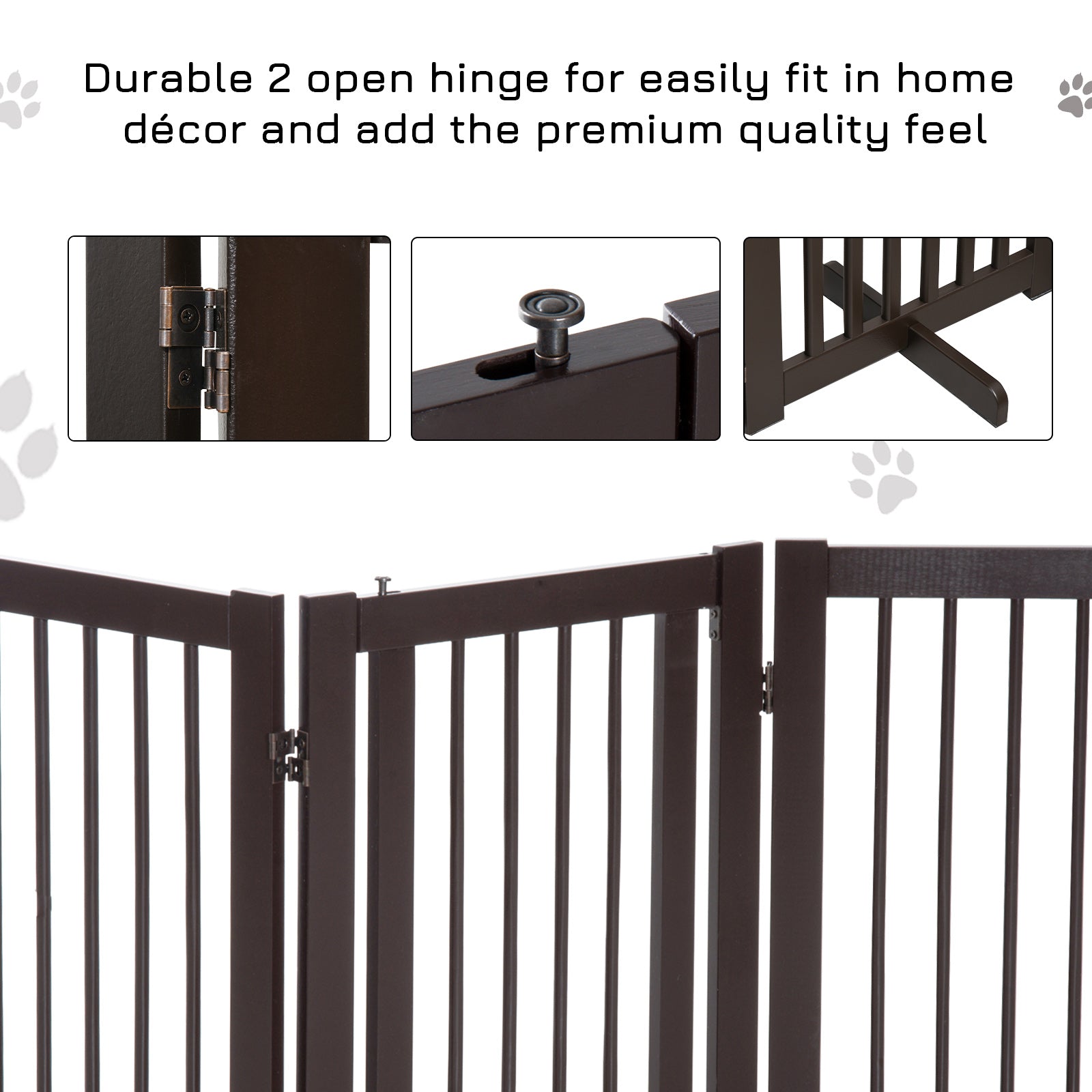 Pet Gate Freestanding Dog Gate For Stairs Wood Doorway Safety Pet Barrier Fence Foldable w/ Latch Support Feet Deep Brown, 155 x 76 cm