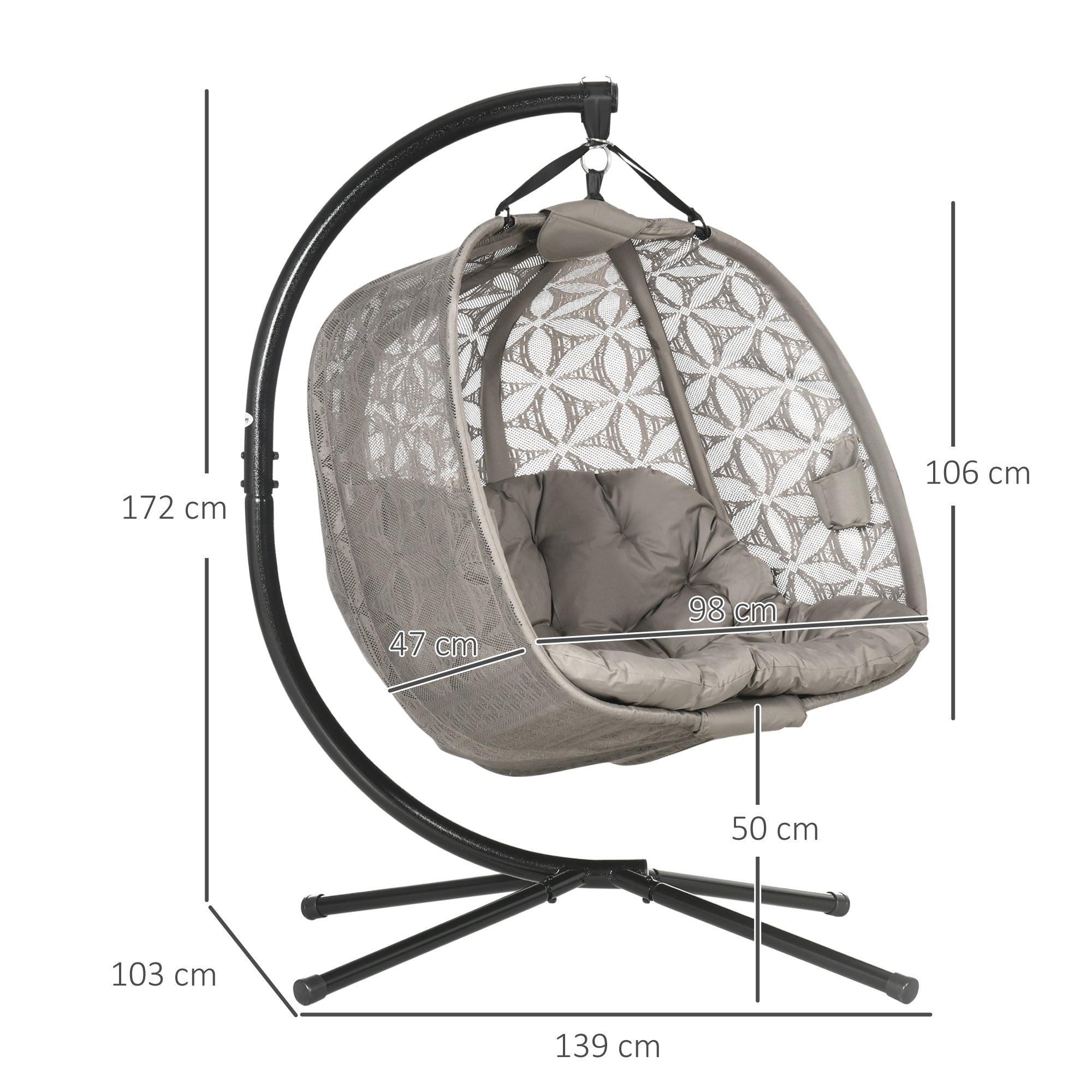 Outdoor Double Hanging Chair, Swing Chair with Metal Stand, Thick Padded Cushion, Foldable Basket Cup Holders for Indoor Outdoor, Sand Brown