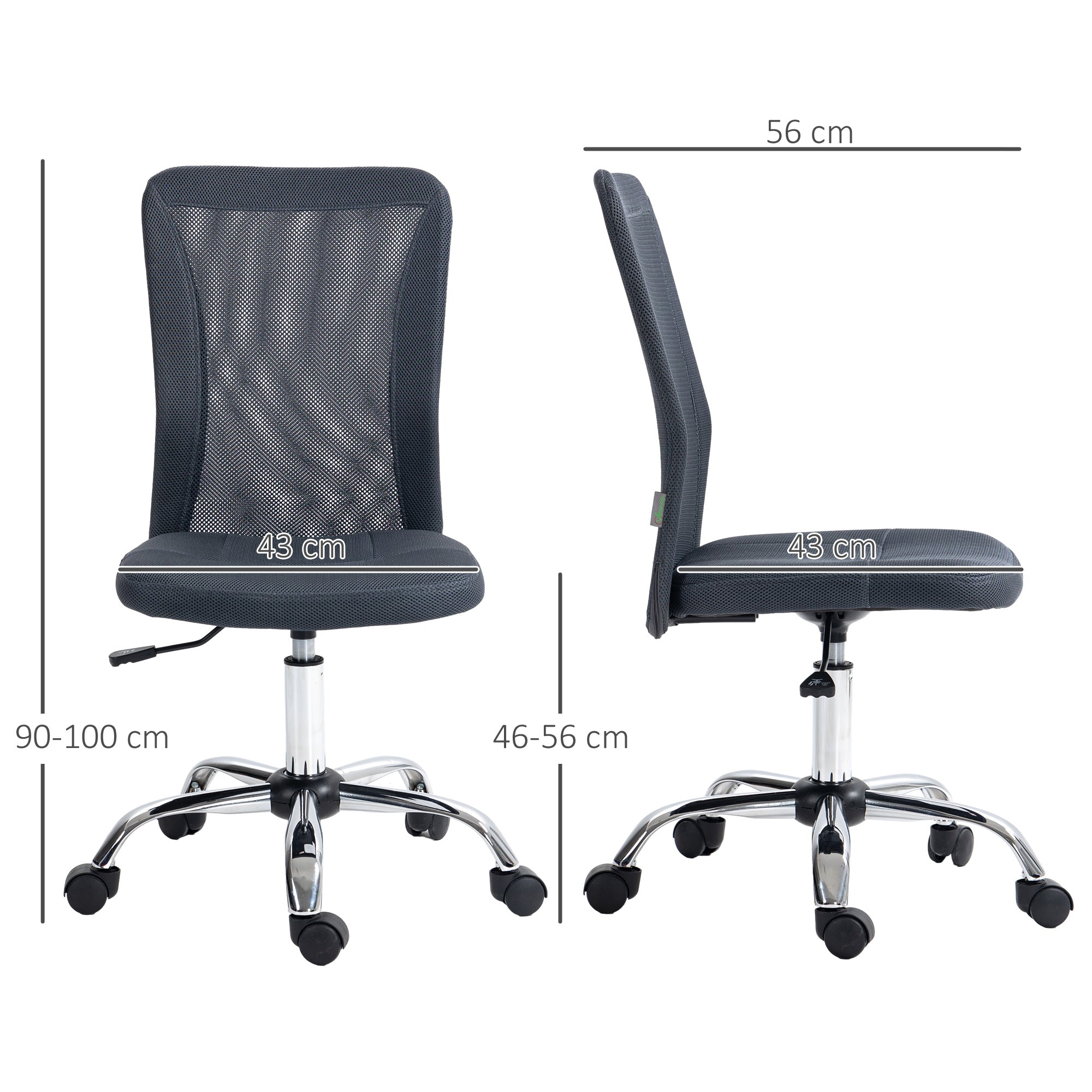 Computer Desk Chair, Mesh Office Chair with Adjustable Height and Swivel Wheels, Armless Study Chair, Dark Grey