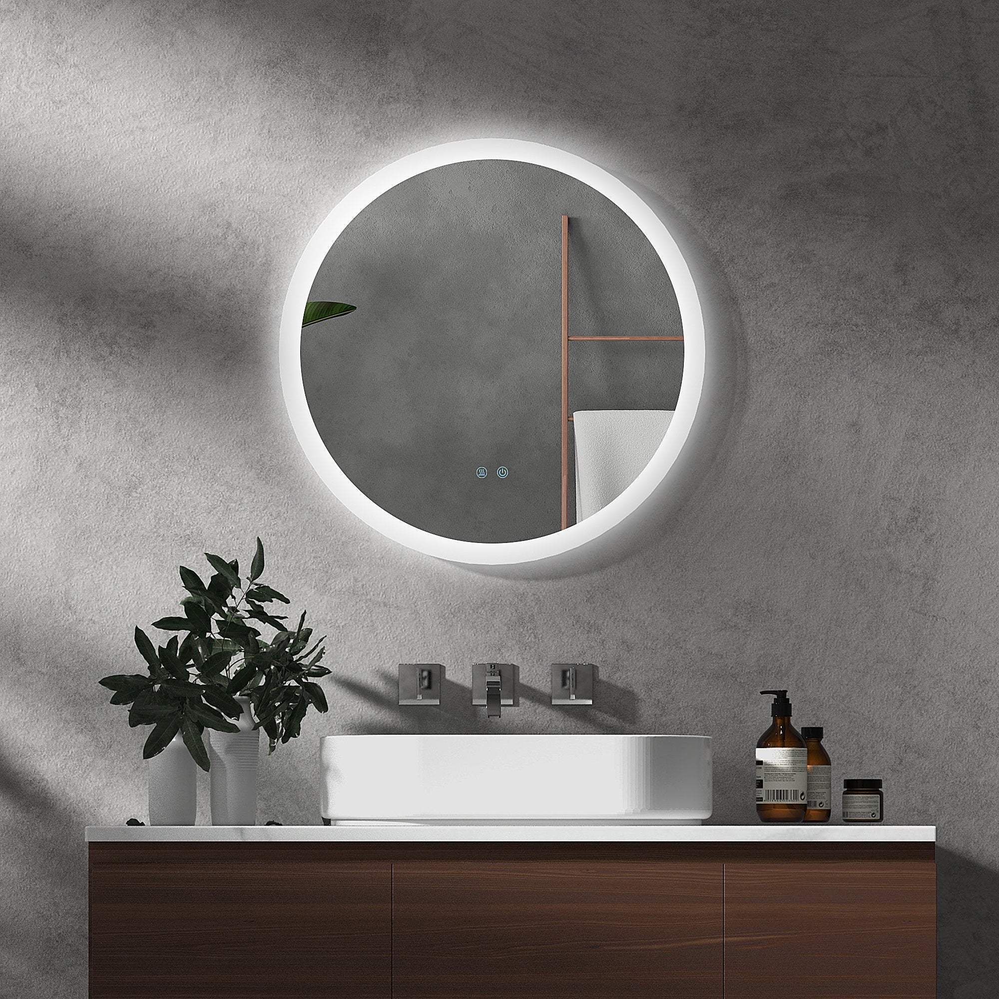 Round Bathroom Mirror with LED Lights, 3 Temperature Colours, Defogging Film, Aluminium Frame, Hardwired, 60 x 60 cm