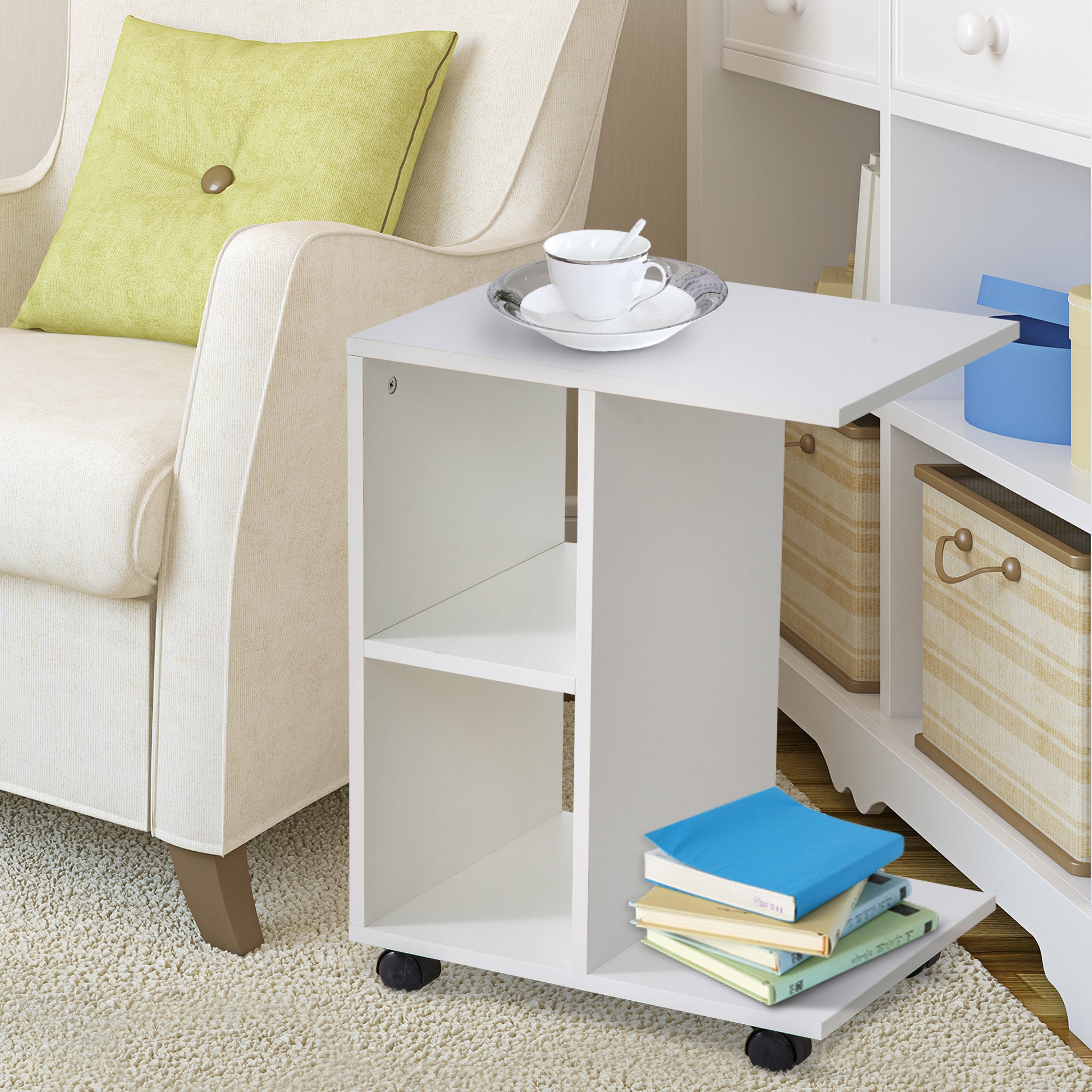 C-Shape End Table Unique Storage Unit w/ 2 Shelves 4 Wheels Freestanding Home Office Furniture Cabinet Square Studio White