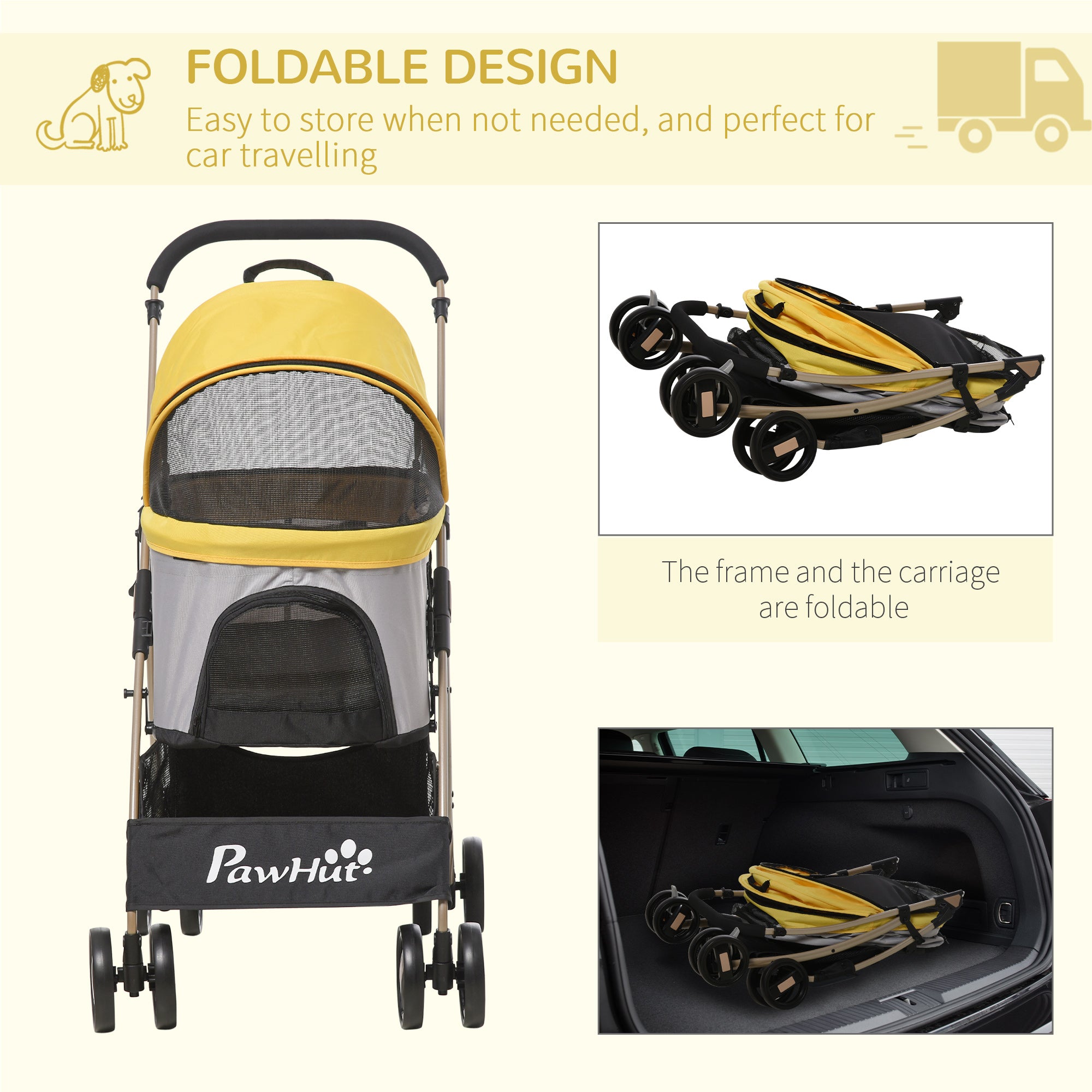 Detachable Pet Stroller with Rain Cover, 3 In 1 Cat Dog Pushchair, Foldable Carrying Bag w/ Universal Wheels, Brake, Canopy, Basket