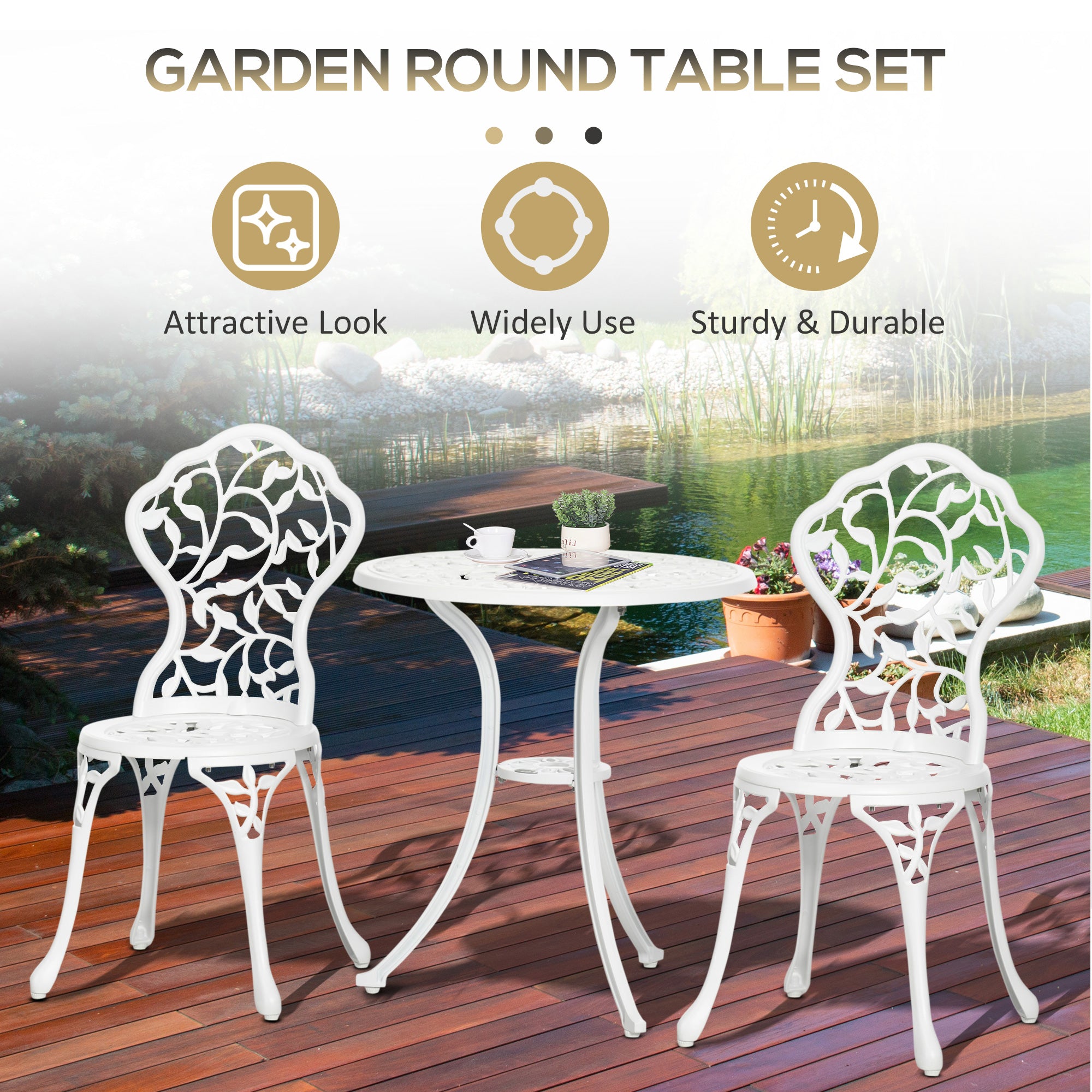 3 Piece Aluminium Bistro Set With Floral Design - Antique White
