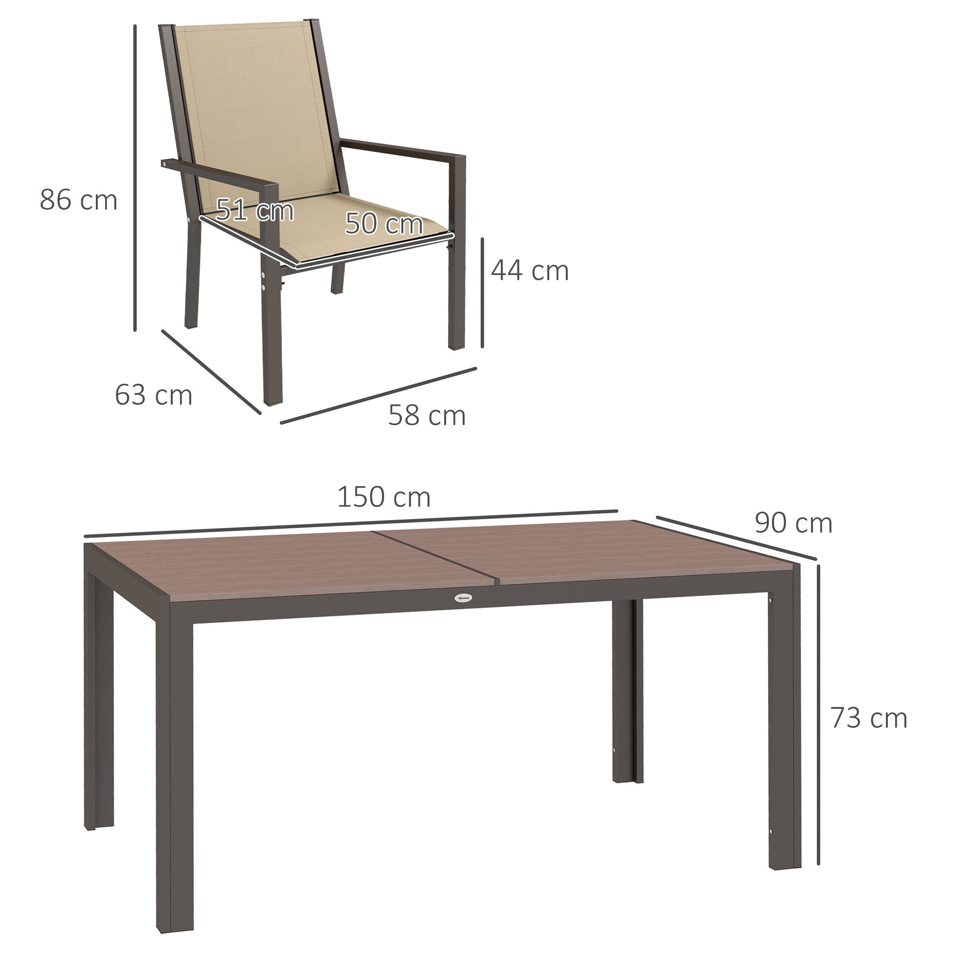 7 Pieces Garden Dining Set with Wood-plastic Composite Dining Table, Outdoor Table and 6 Stackable Armchairs with Texteline Seats and Backrest, Khaki