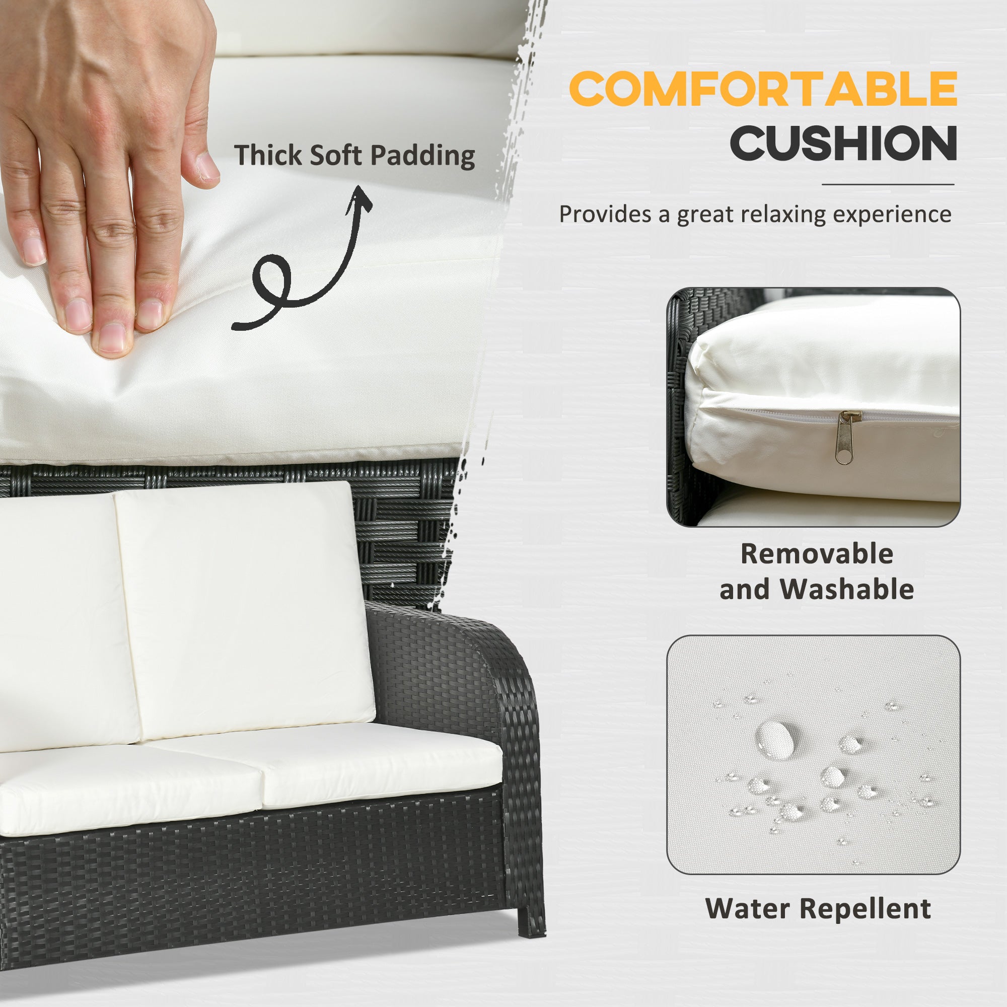 7 Seater Outdoor Rattan Garden Furniture Sets with Wicker Sofa, Reclining Armchair and Glass Table, 181x75x81cm, Black