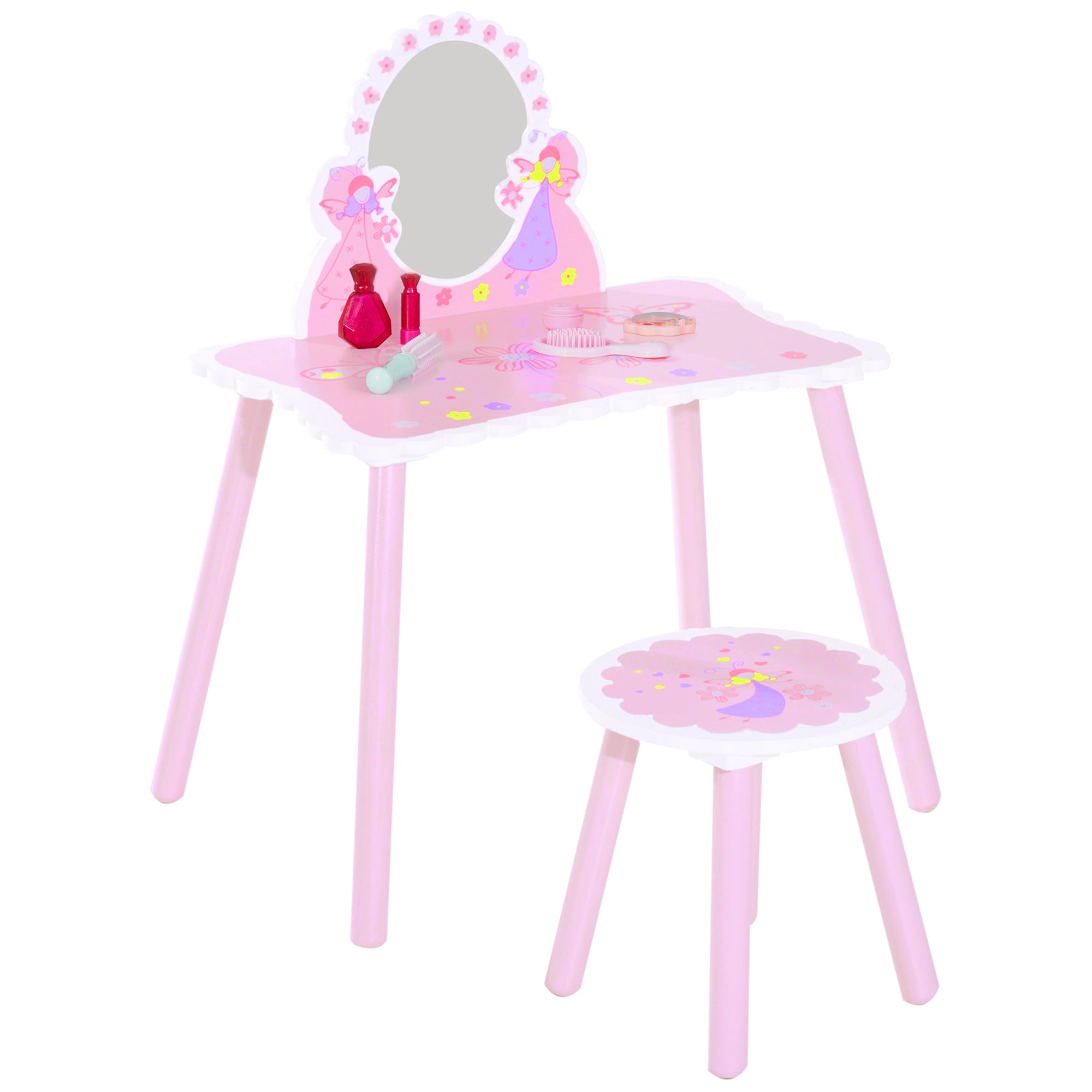 Kids Dressing Table Girls Pink Wooden Kids Dressing Table & Stool Make Up Desk Chair Toys Fairy Dresser Play Set w/Mirror