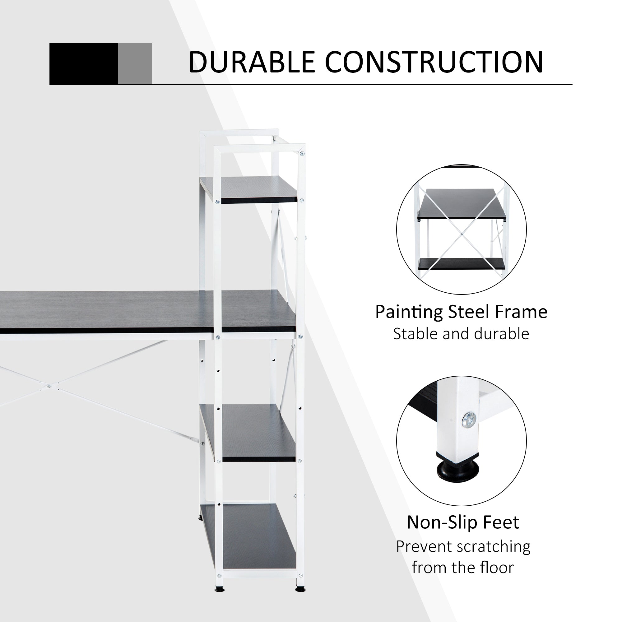 Computer Desk PC Table Study Workstation Home Office with 4-tier Bookshelf Storage Metal Frame Wooden Top (Black & White)