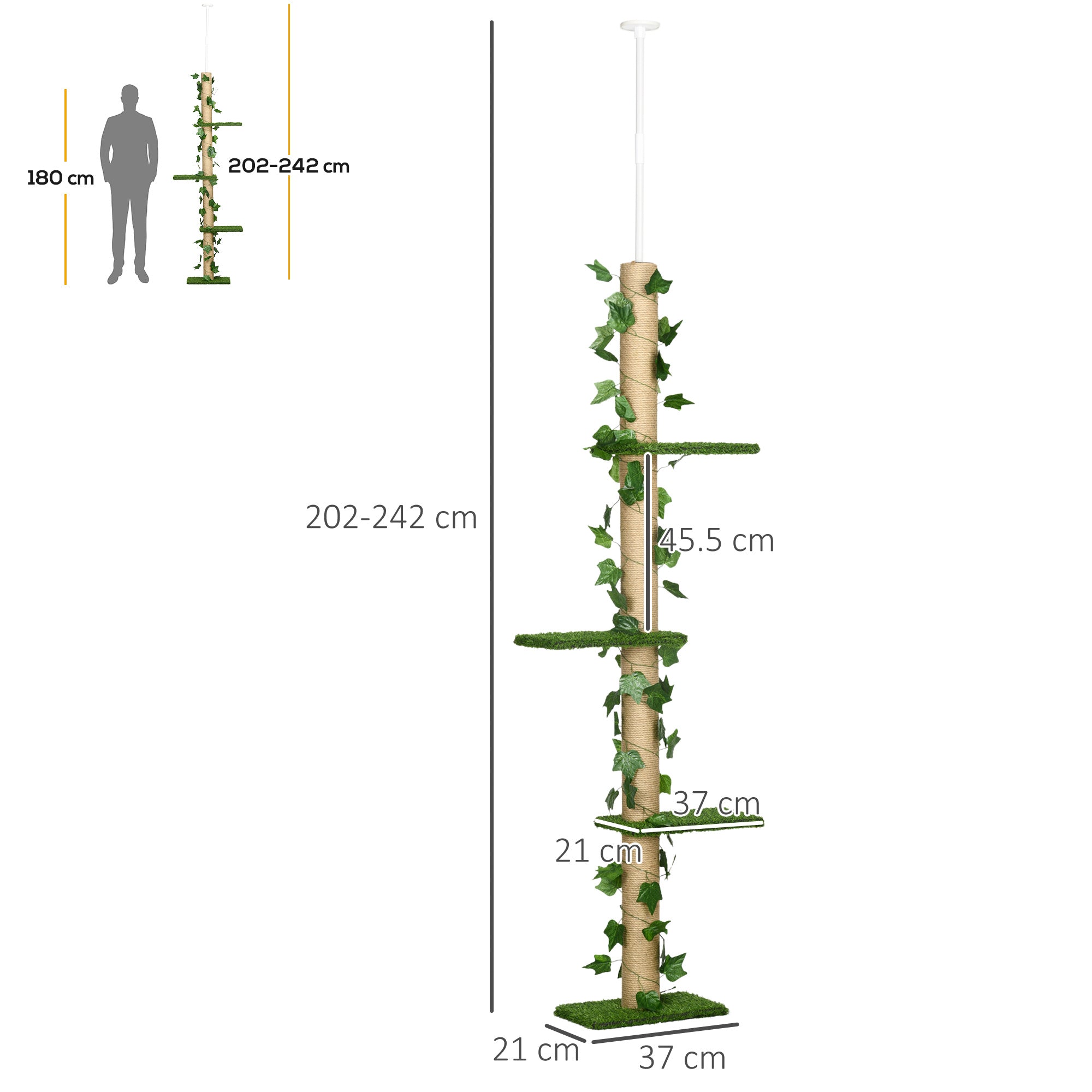 242cm Floor to Ceiling Cat Tree, Height Adjustable Kitten Tower with Anti-slip Kit, Highly Simulated Multi-Layer Activity Center Green