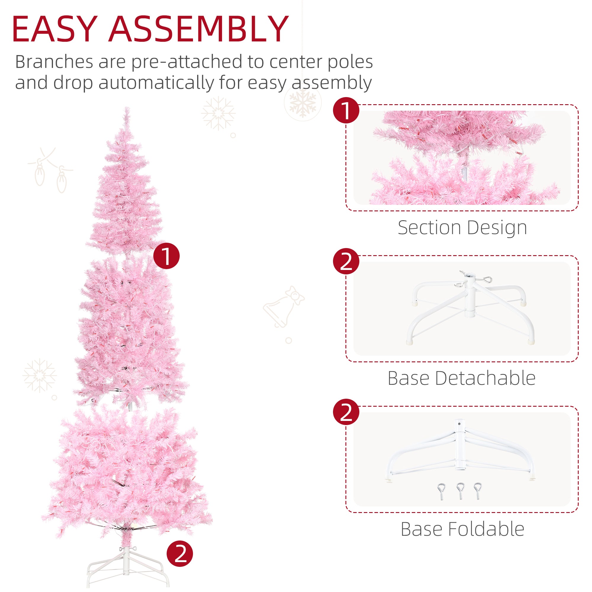 6' Tall Prelit Pencil Slim Artificial Christmas Tree with Realistic Branches, 300 Warm White LED Lights and 618 Tips, Xmas Decoration, Pink