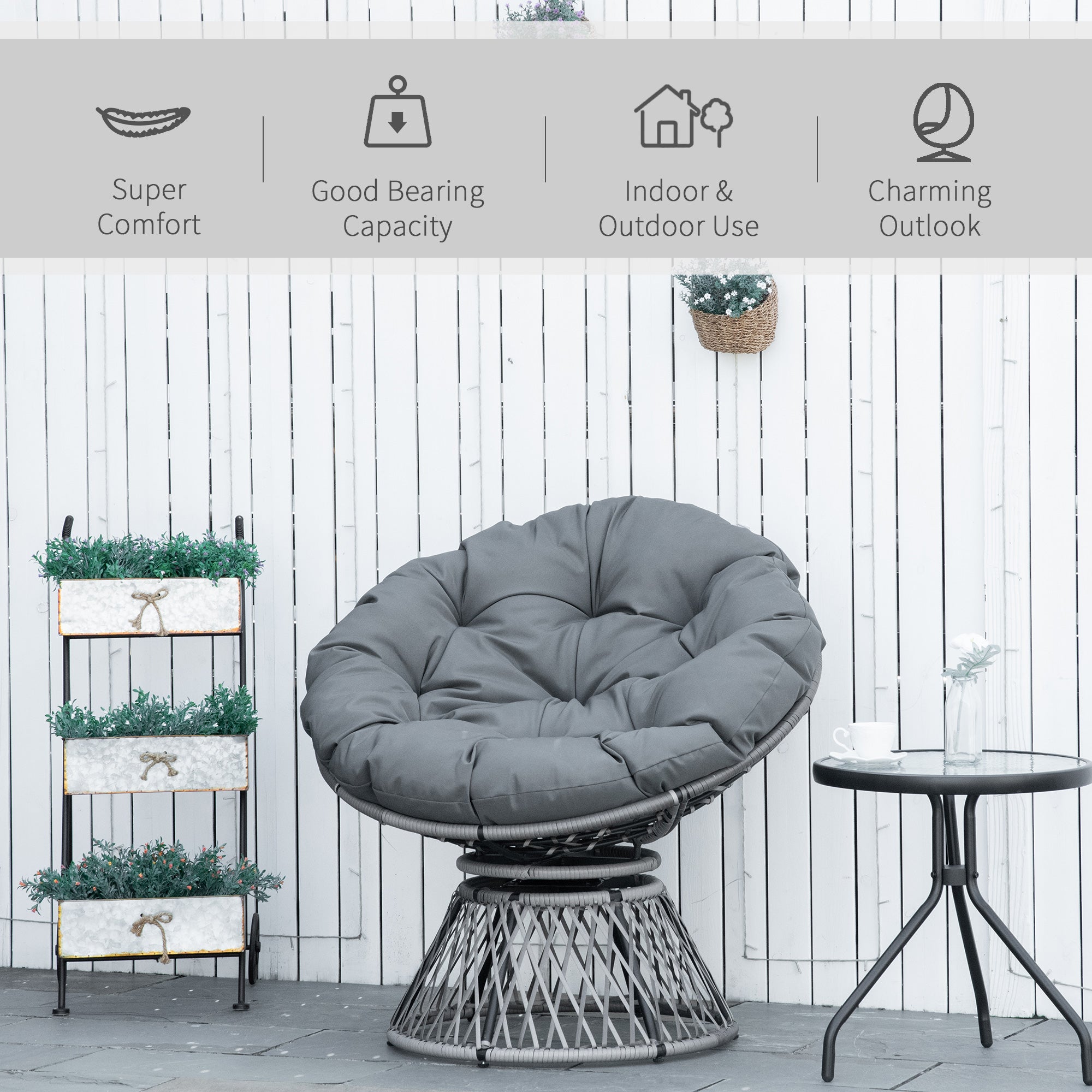 360° Swivel Oversized Rattan Papasan Moon Bowl Lounge Chair with Padded Cushion - Grey
