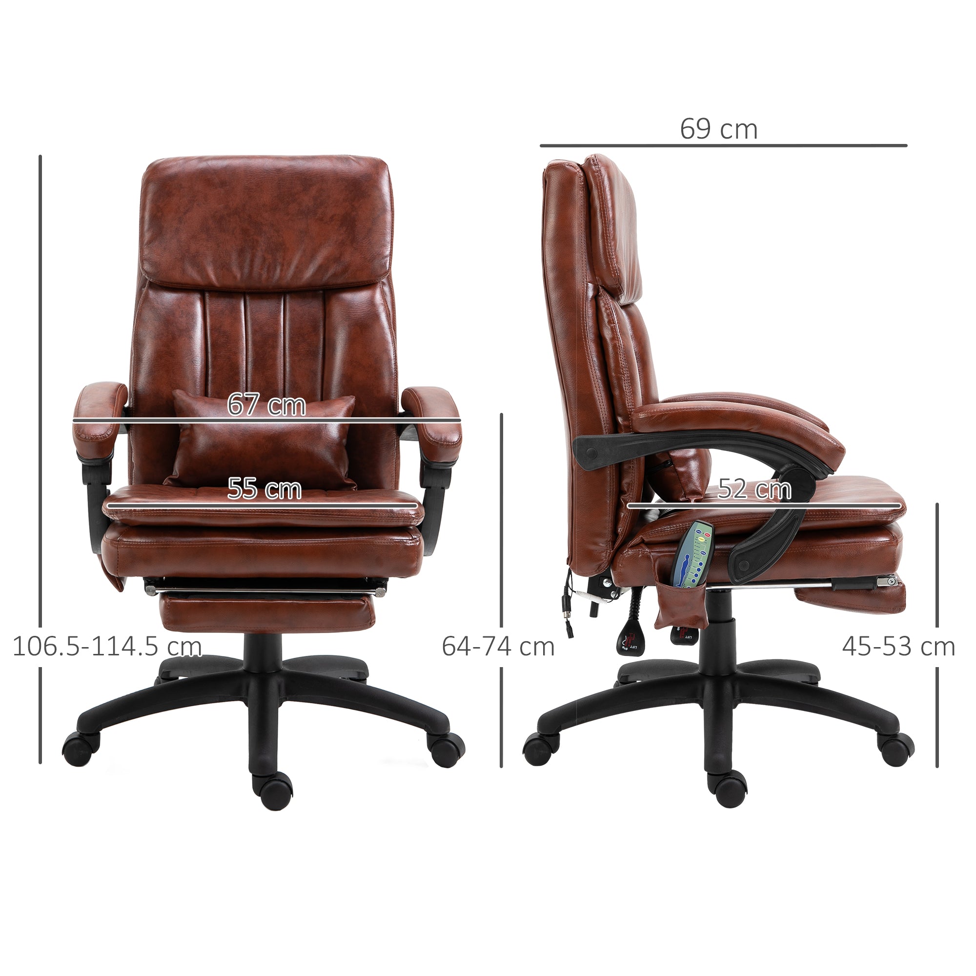 High Back Office Chair, Gaming Recliner Chair with Footrest, 7 Massage Points, Adjustable Height, Reclining Back, PU Leather, Brown