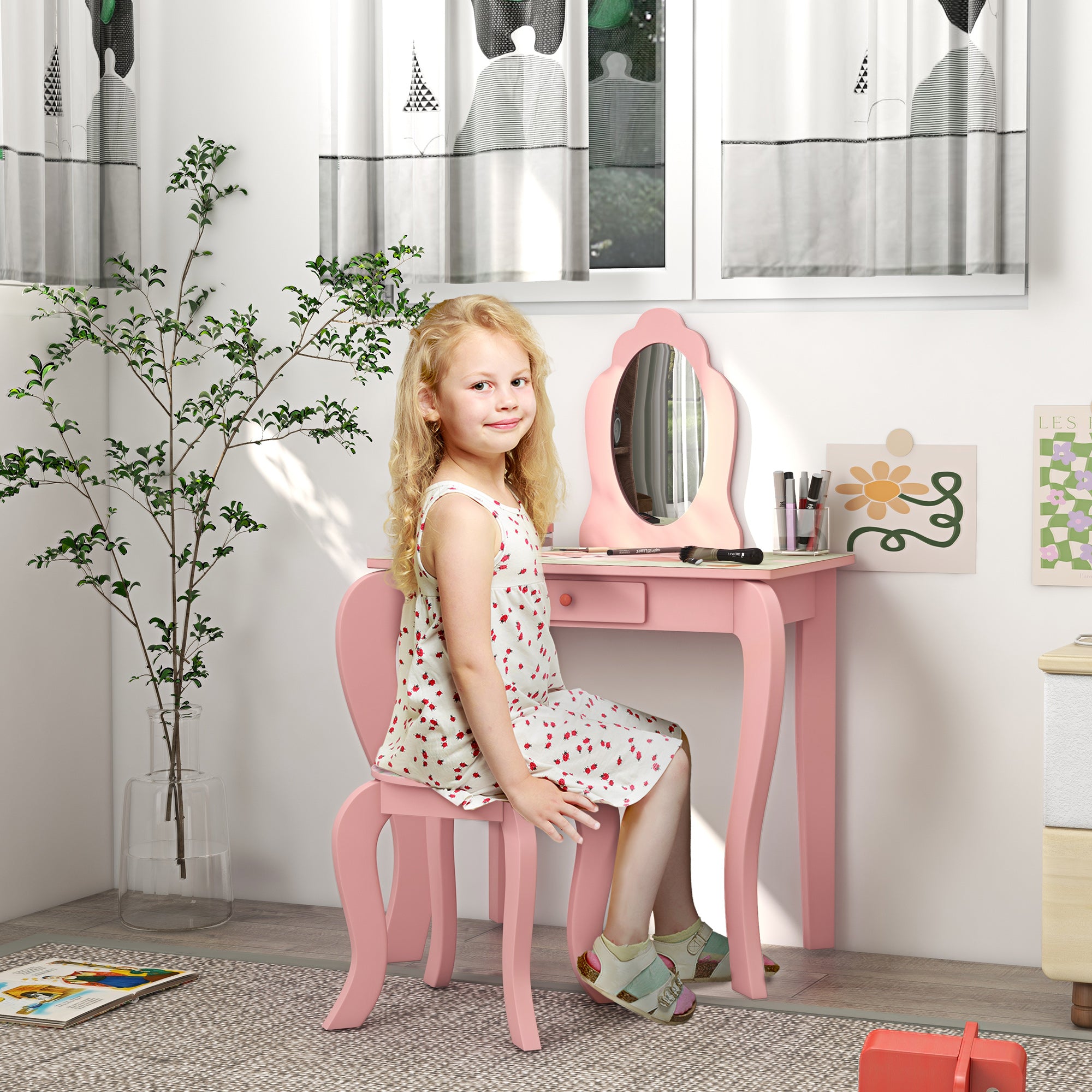 Kids Dressing Table with Mirror and Stool, Girls Vanity Table Makeup Desk with Drawer, Cute Animal Design, for 3-6 Years - Pink