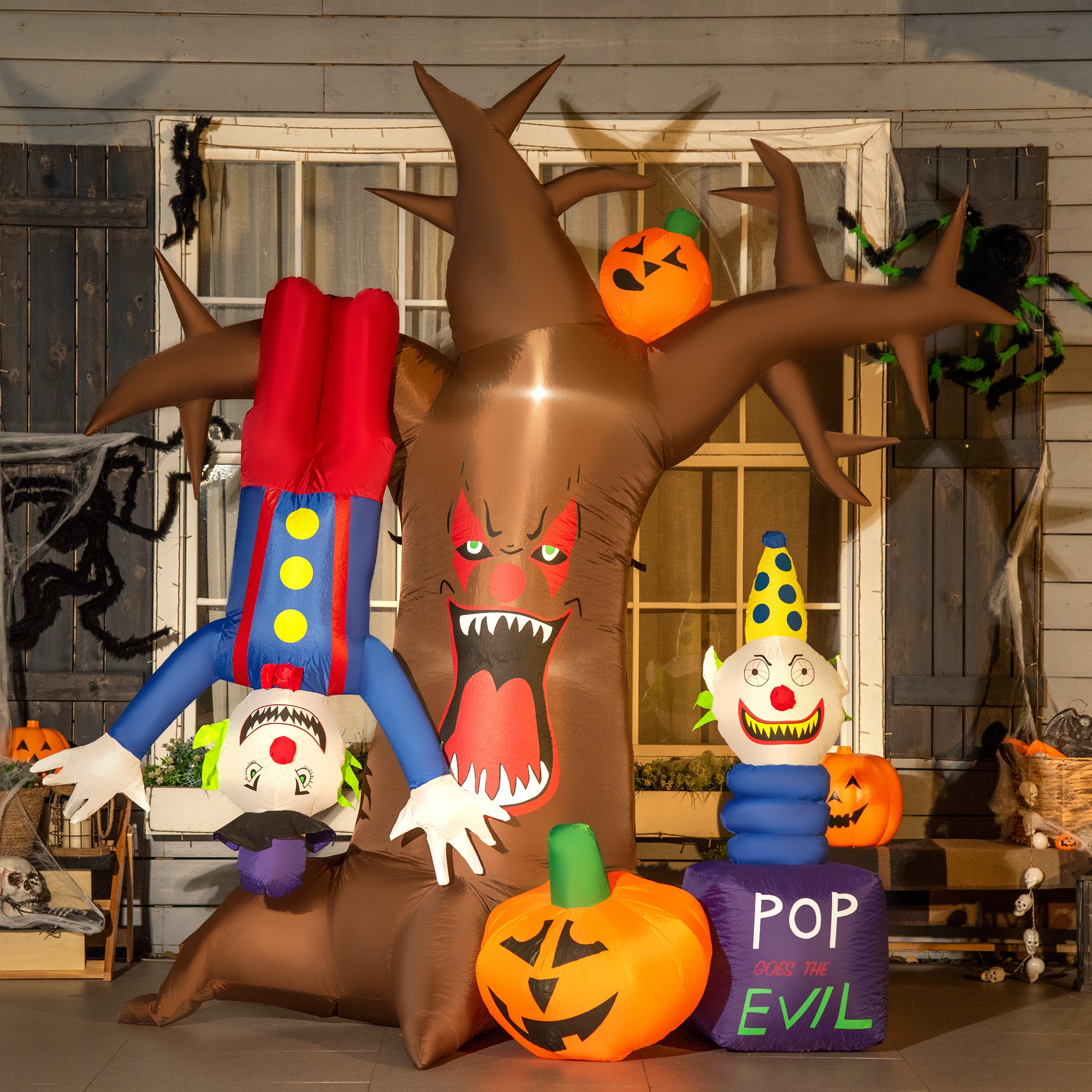 N7ft Halloween Inflatable Tree with Ghosts, Upside-down Clown Pumpkins