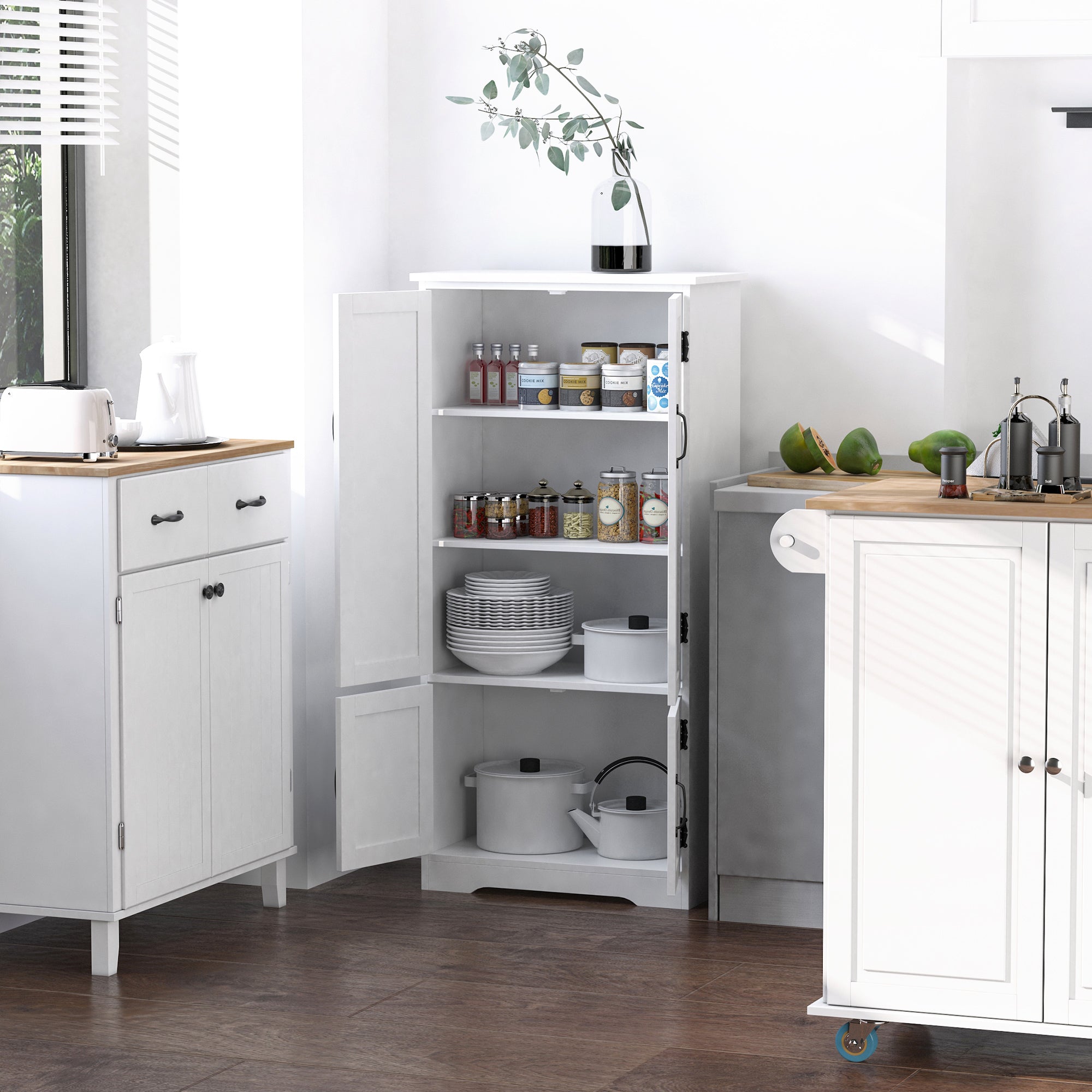 Accent Floor Storage Cabinet Kitchen Pantry with Adjustable Shelves and 2 Lower Doors, White