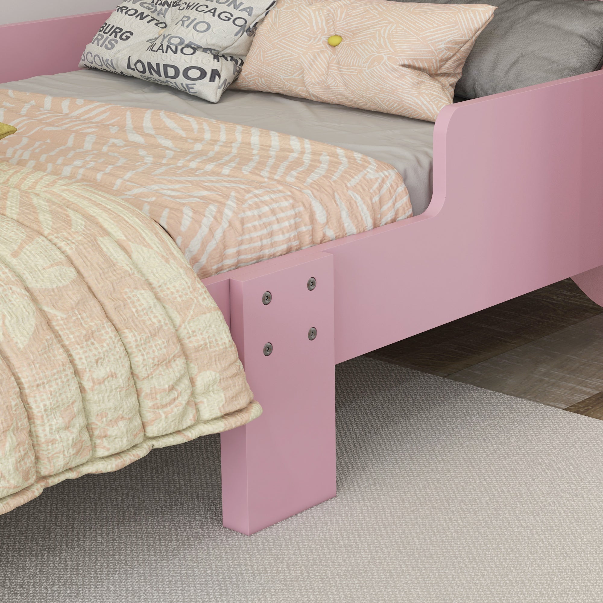 Bed for Kids Cat Design Toddler Bed Frame Bedroom Furniture with Guardrails, for 3-6 Years, 143L x 74W x 72Hcm - Pink