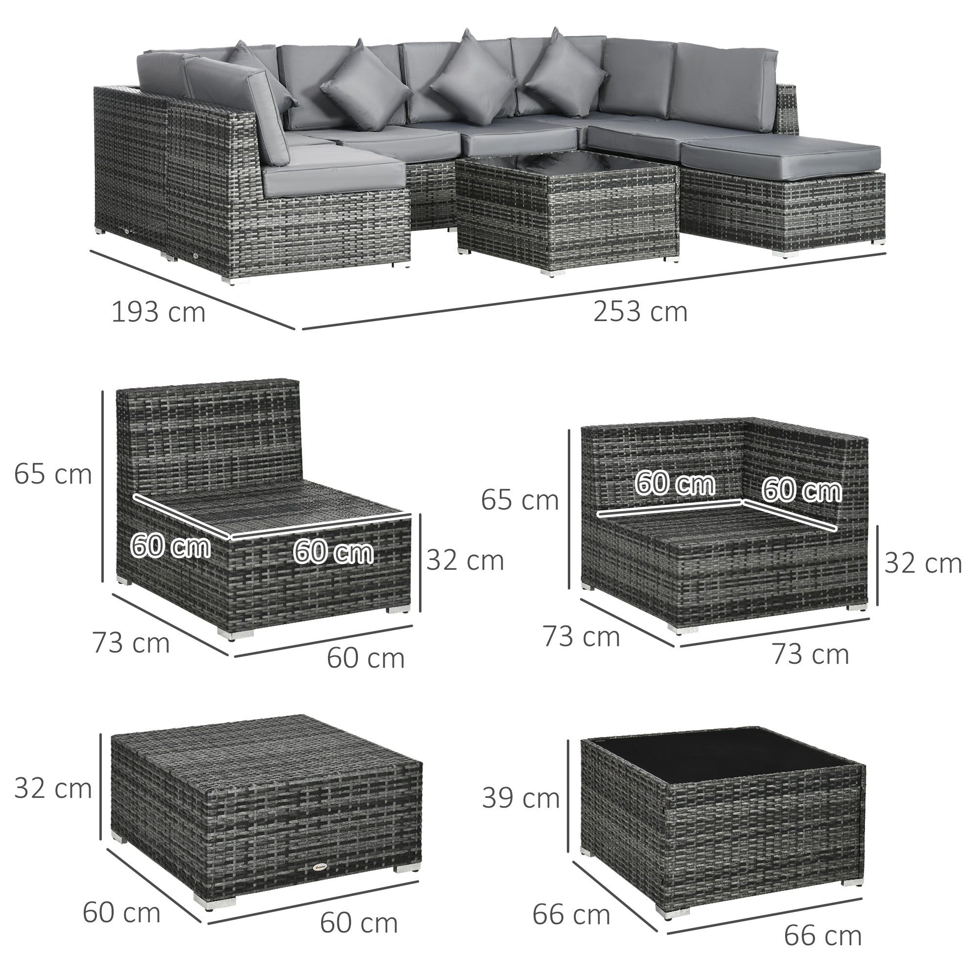 8-Piece PE Rattan Corner Sofa Set with Tempered Glass Table and Washable Cushions - Grey