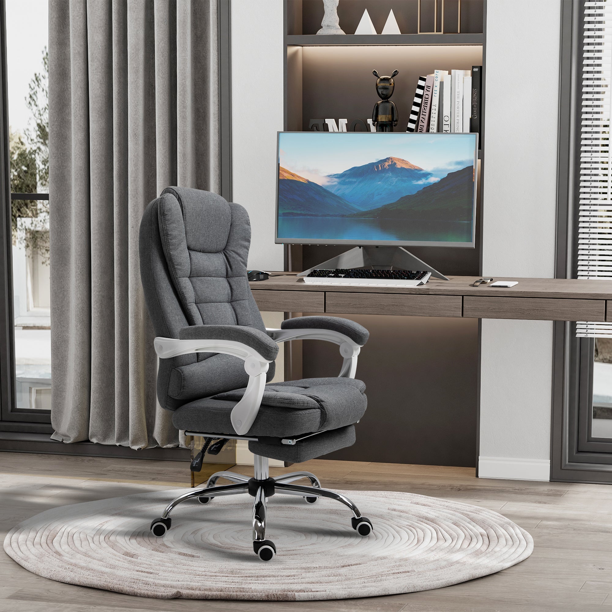 Executive Desk Chair with Tilt Function, Rolling Task Recliner with Retractable Footrest for Home Office, Working, Grey