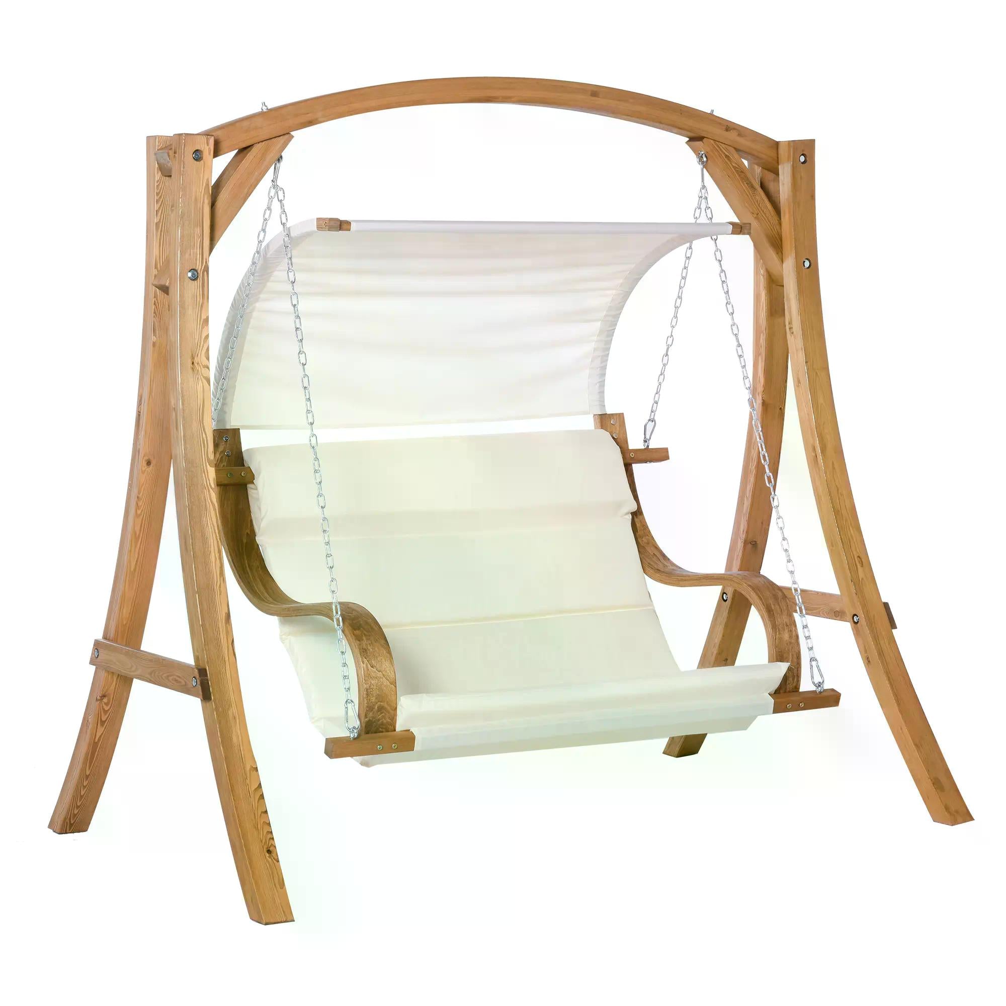 Wooden Porch Swing Chair A-Frame Wood Log Swing Bench Chair With Canopy and Cushion for Patio Garden Yard