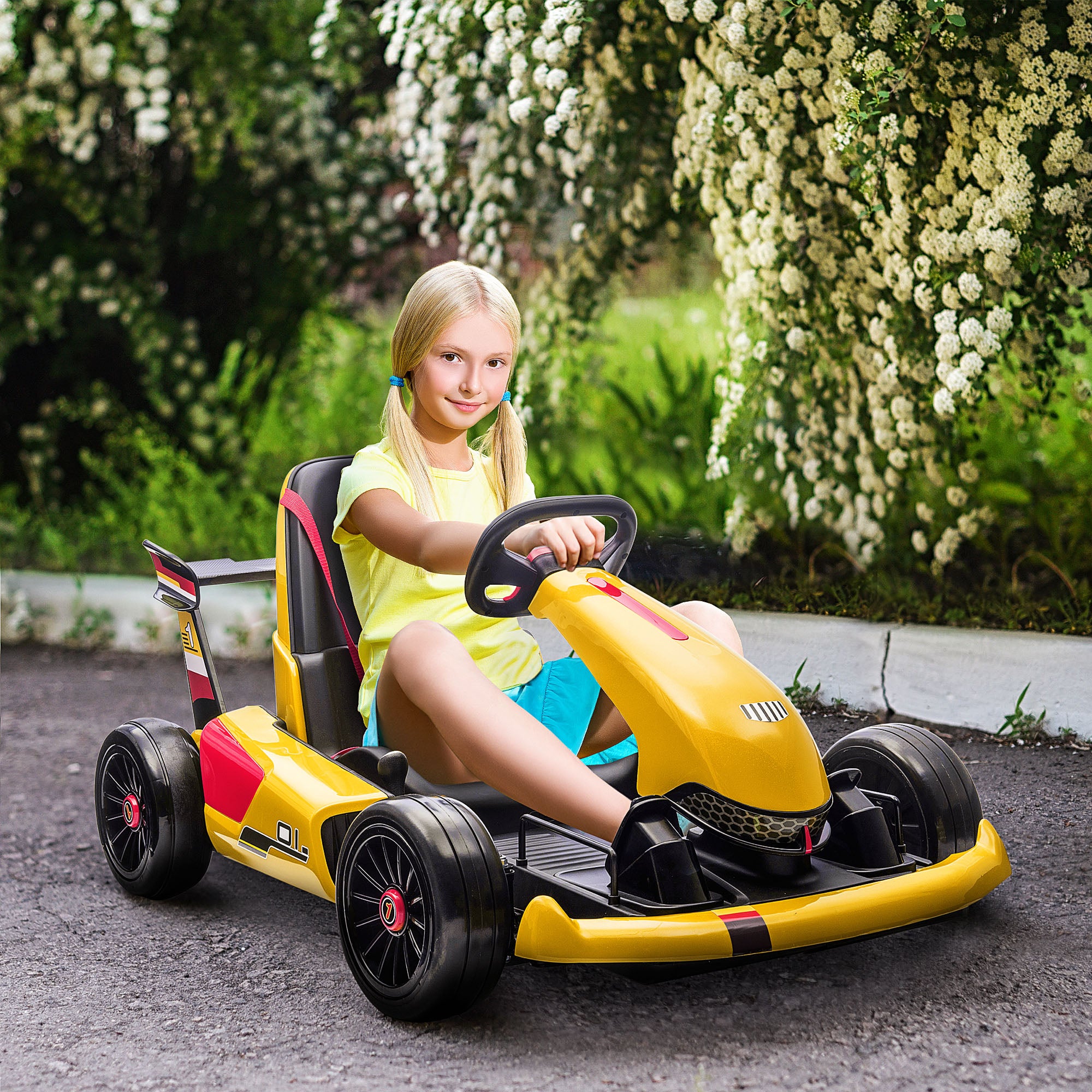 Electric Go Kart with Adjustable Footrest, Reversing Steering Wheel, Kids Ride-On Racing Go Kart with 12V Rechargeable Battery 2 Speeds Yellow