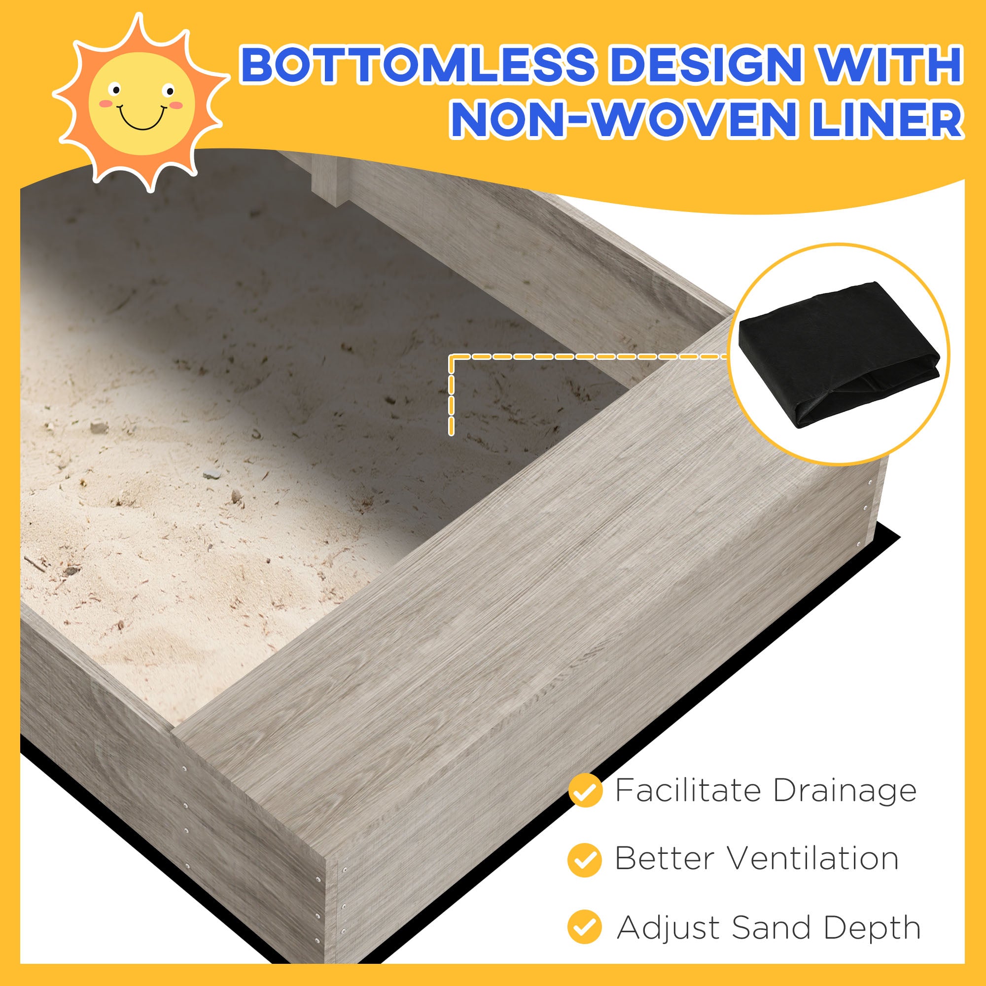 Wooden Sand Pit with Liner, Pretend Hobs, Planting Boxes, Two Seats, for Ages 3-7 Years - Grey