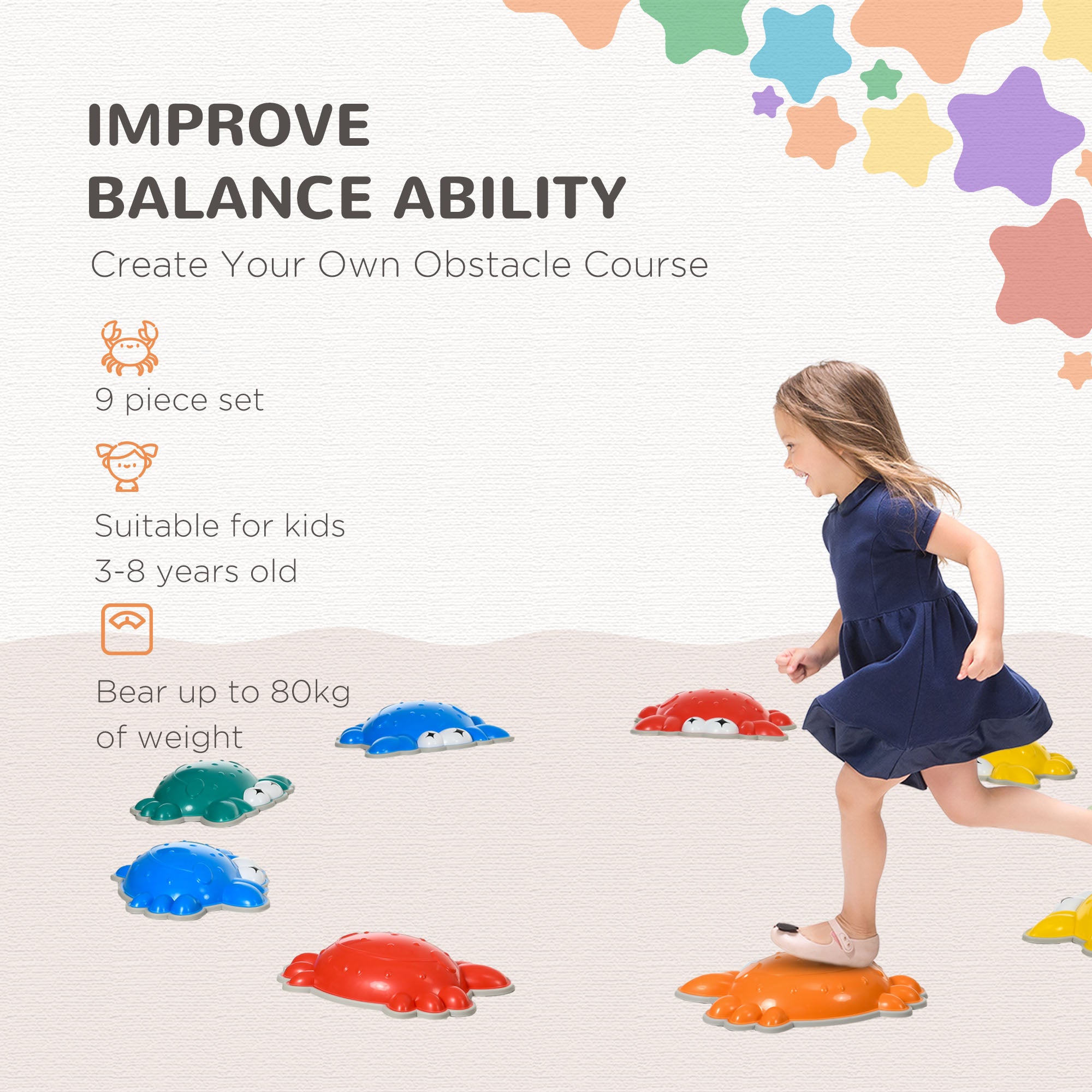 9PCs Kids Stepping Stones with TPE Anti-slip Edge, Crab-shaped Balance River Stones, Obstacle Courses, Stackable