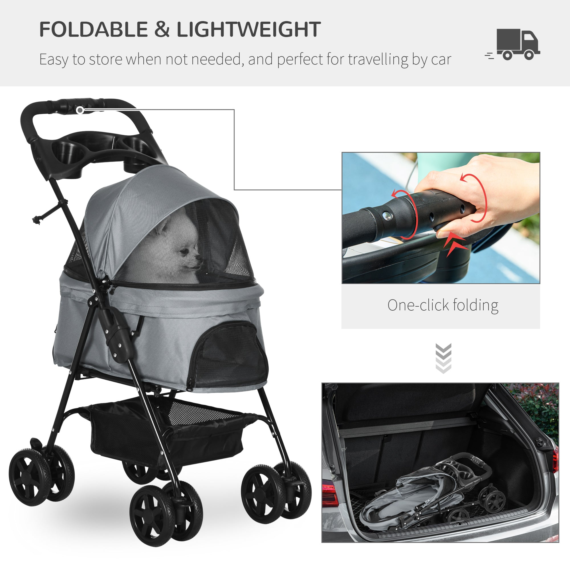 No-Zip Pet Stroller Dog Cat Travel Pushchair One-Click Fold Trolley Jogger with EVA Wheels Brake Basket Adjustable Canopy Safety Leash Grey