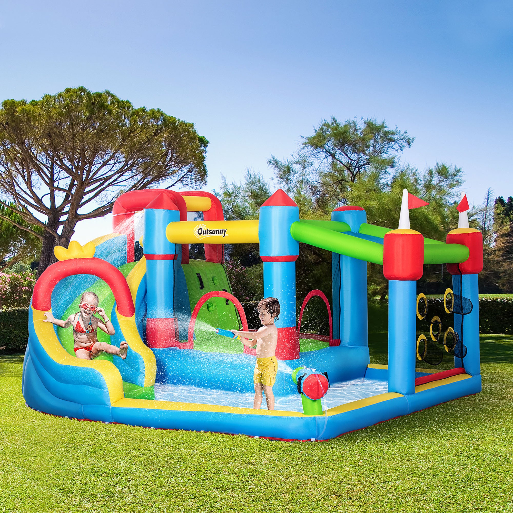 5 in 1 Kids Bounce Castle Large Castle Style Inflatable House Slide Trampoline Pool Water Gun Climbing Wall for Kids Age 3-8