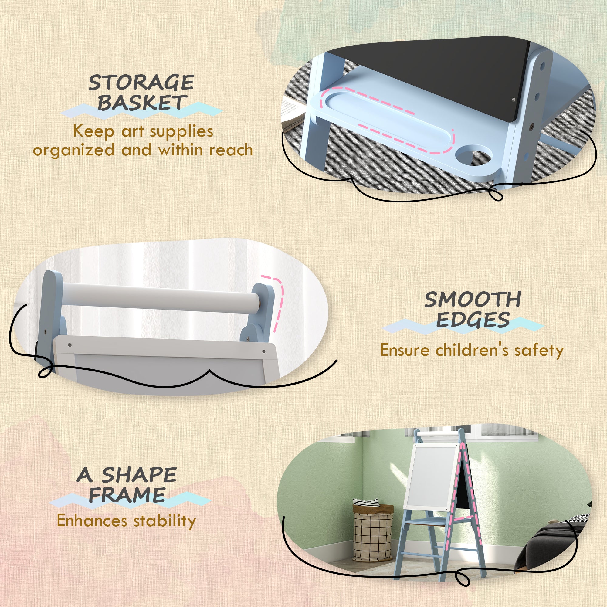 Art Easel for Kids with Paper Roll, Height Adjustable Double-Sided Whiteboard Chalkboard, 3 in 1 Easel, for Ages 3-6 Years