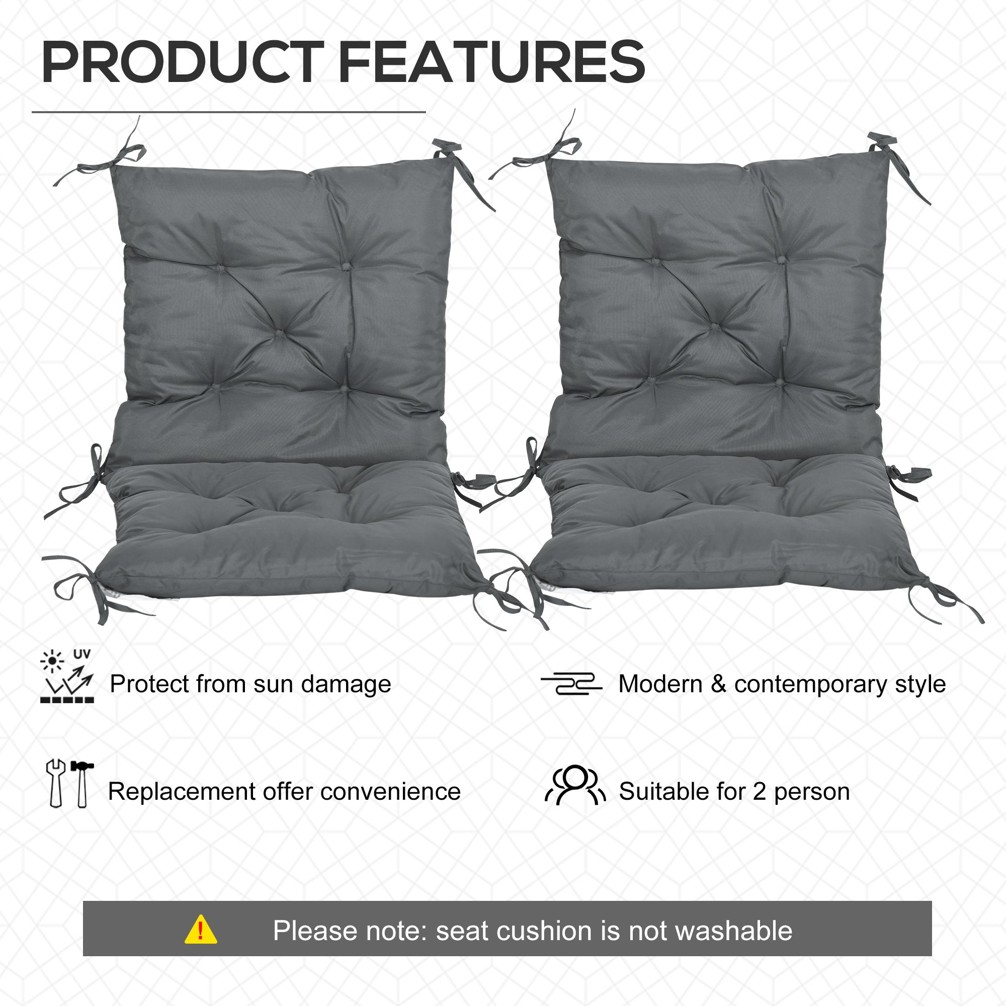 Set of 2 Outdoor Seat Cushions with Backrest, Water Resistant - Grey