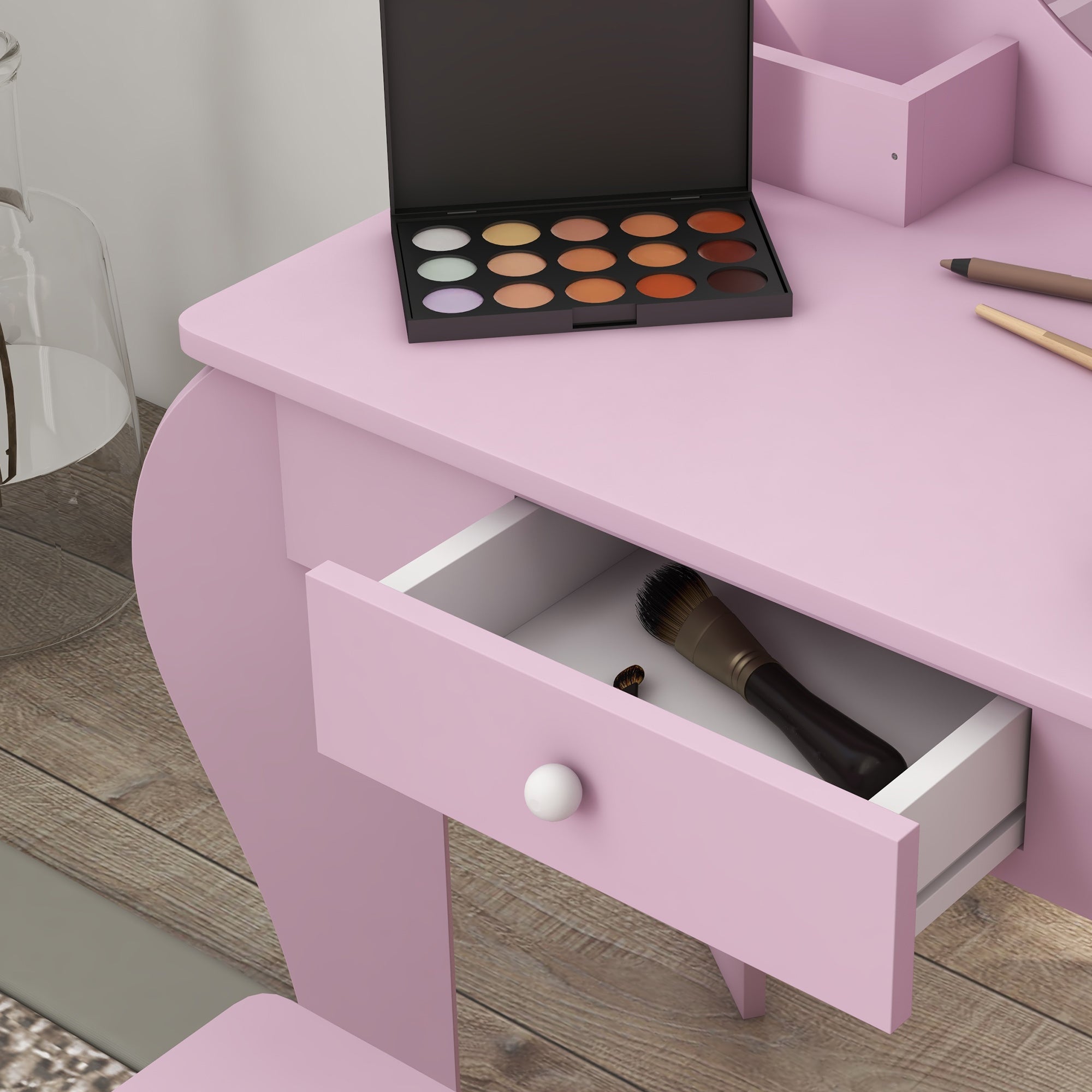 Kids Vanity Table with Mirror and Stool, Cat Design, Drawer, Storage Boxes, for 3-6 Years Old - Pink