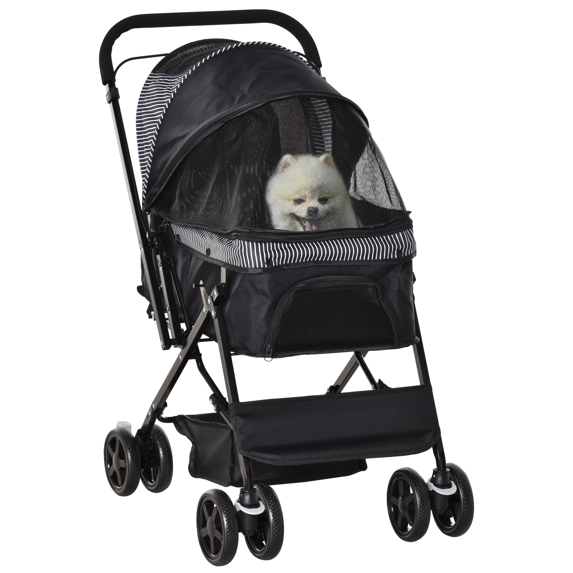 Pet Stroller Pushchair Foldable Travel Dog Cat Carriage w/ Reversible Handle Brake Basket