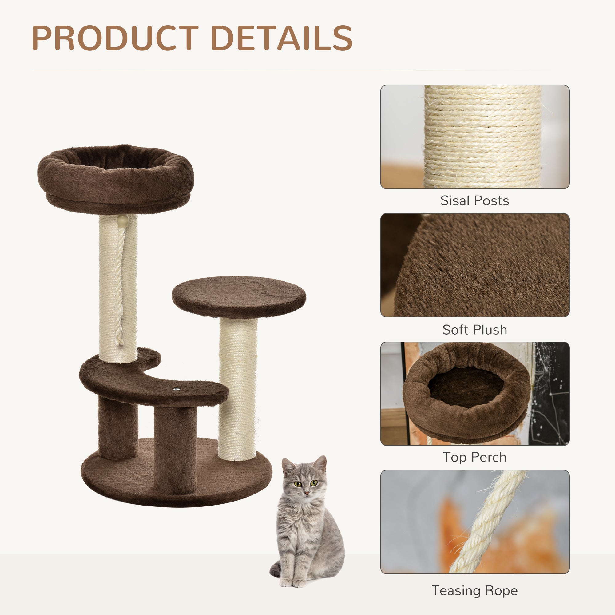 65 cm Cat Tree Cat Scratching Post Kitty Scratcher Kitten Activity Center Scratching Post Playhouse 2 Perch w/Hanging Sisal Rope Brown